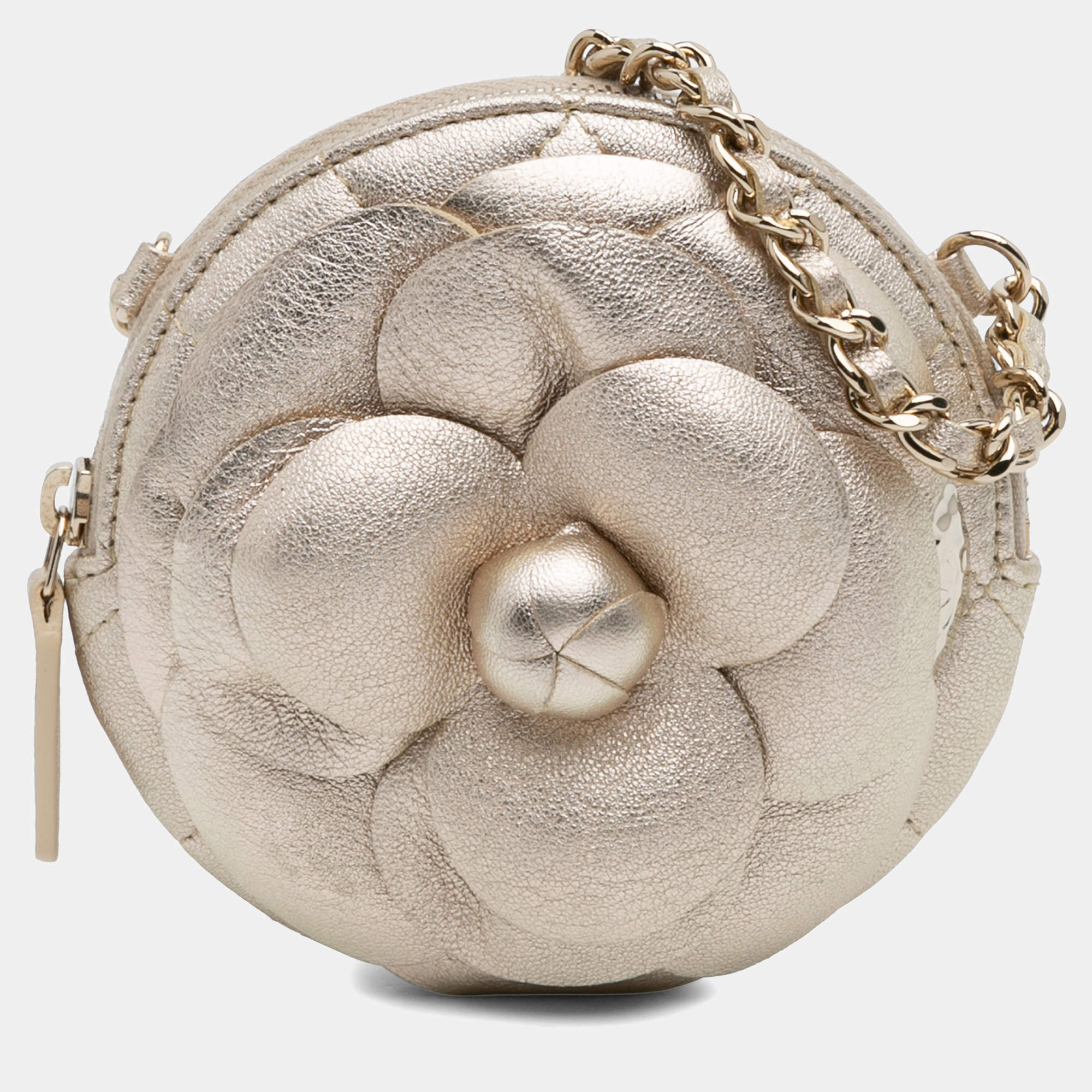 Pre Owned Chanel Gold Mini CC Metallic Lambskin Camellia Bouquet Round Clutch on Chain