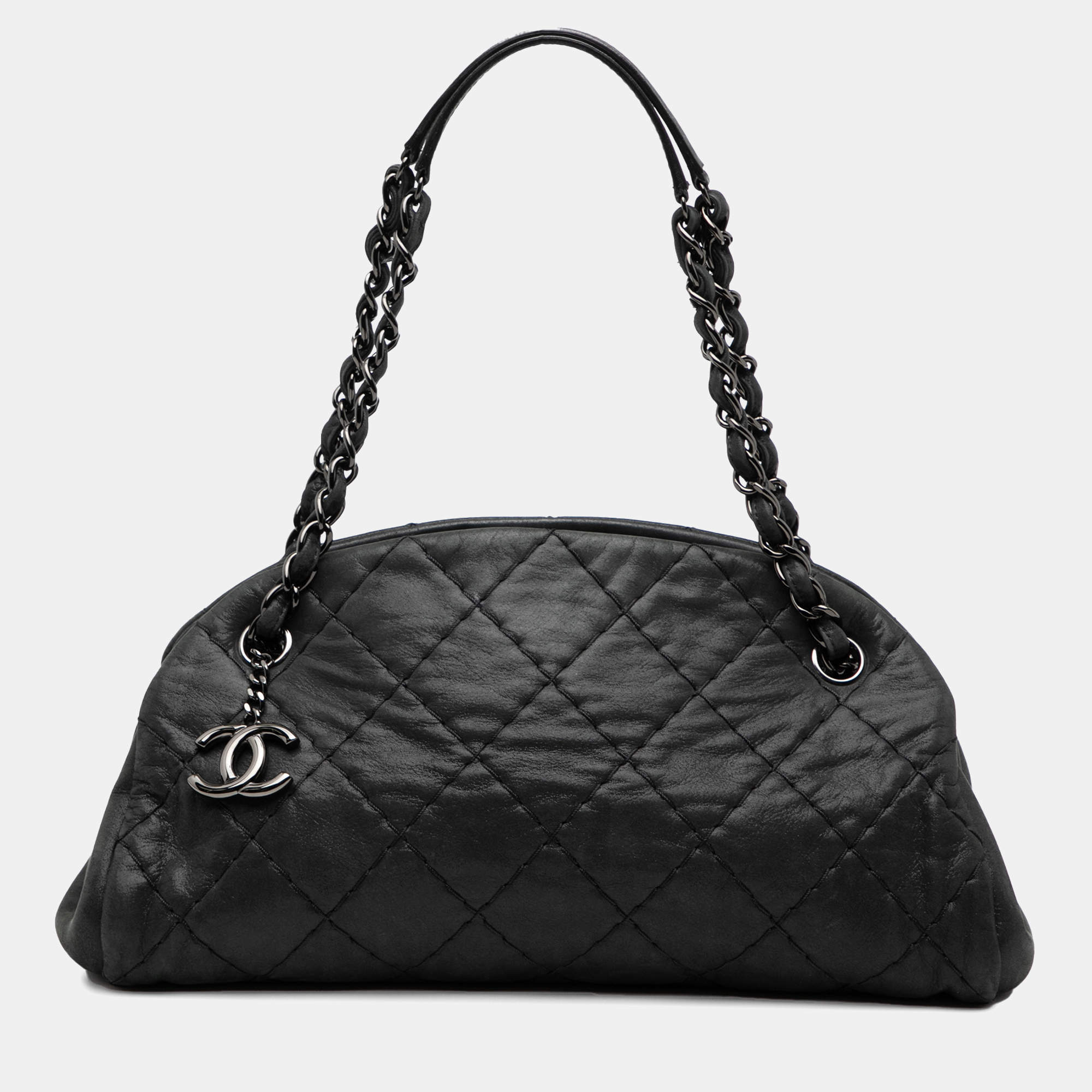 Pre Owned Chanel Black Medium Iridescent Calfskin Just Mademoiselle Bowling Bag