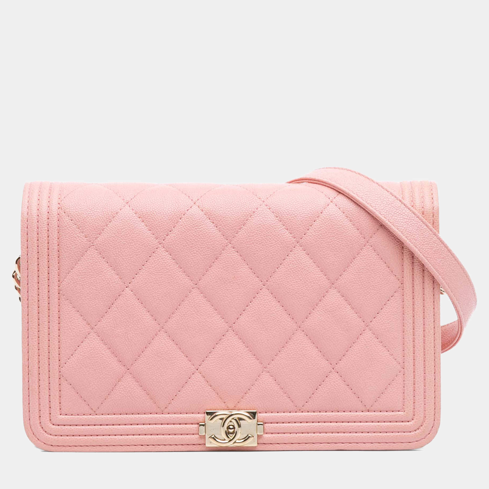 Pre Owned Chanel Pink Quilted Caviar Boy Wallet on Chain