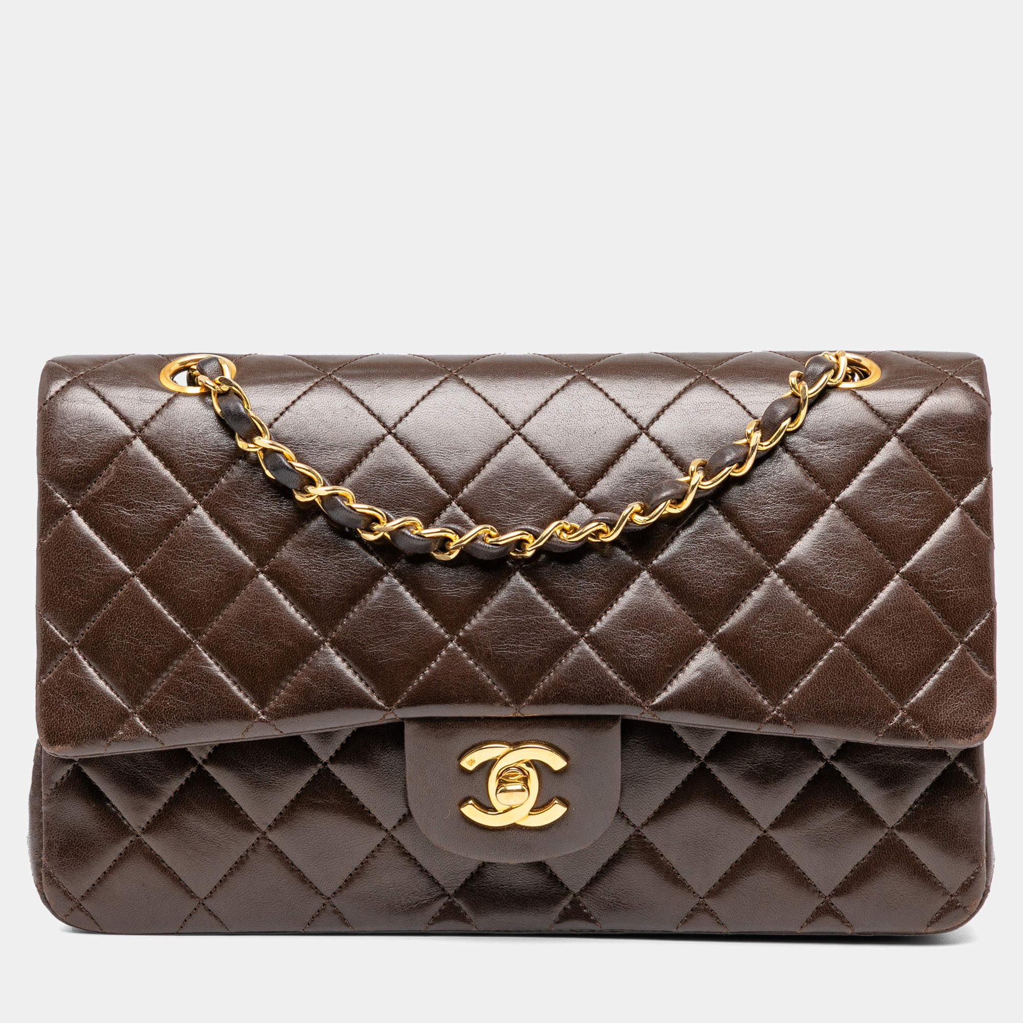 Pre Owned Chanel Brown Medium Classic Lambskin Double Flap