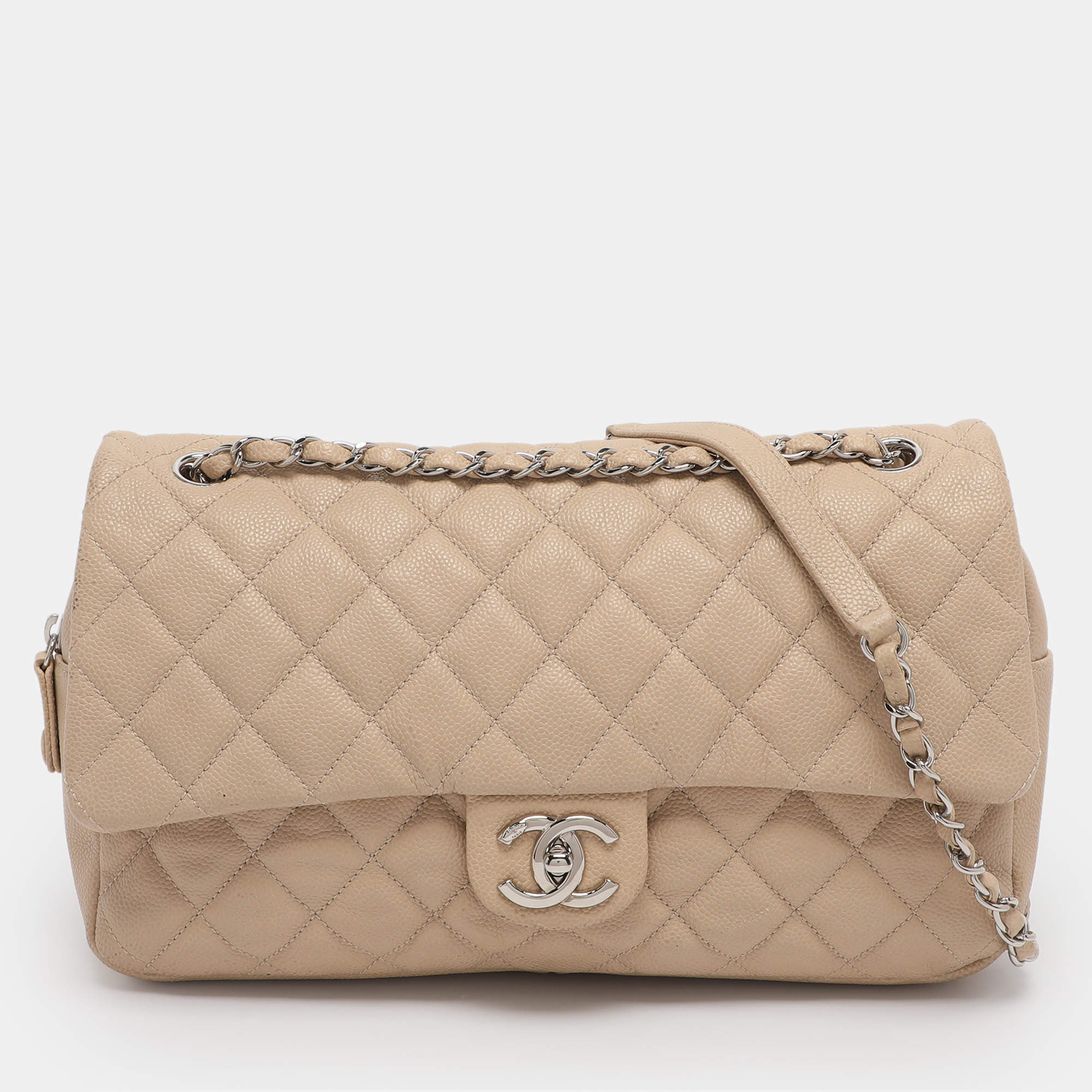 Pre Owned Chanel Beige Quilted Caviar Leather Large Easy Flap Bag