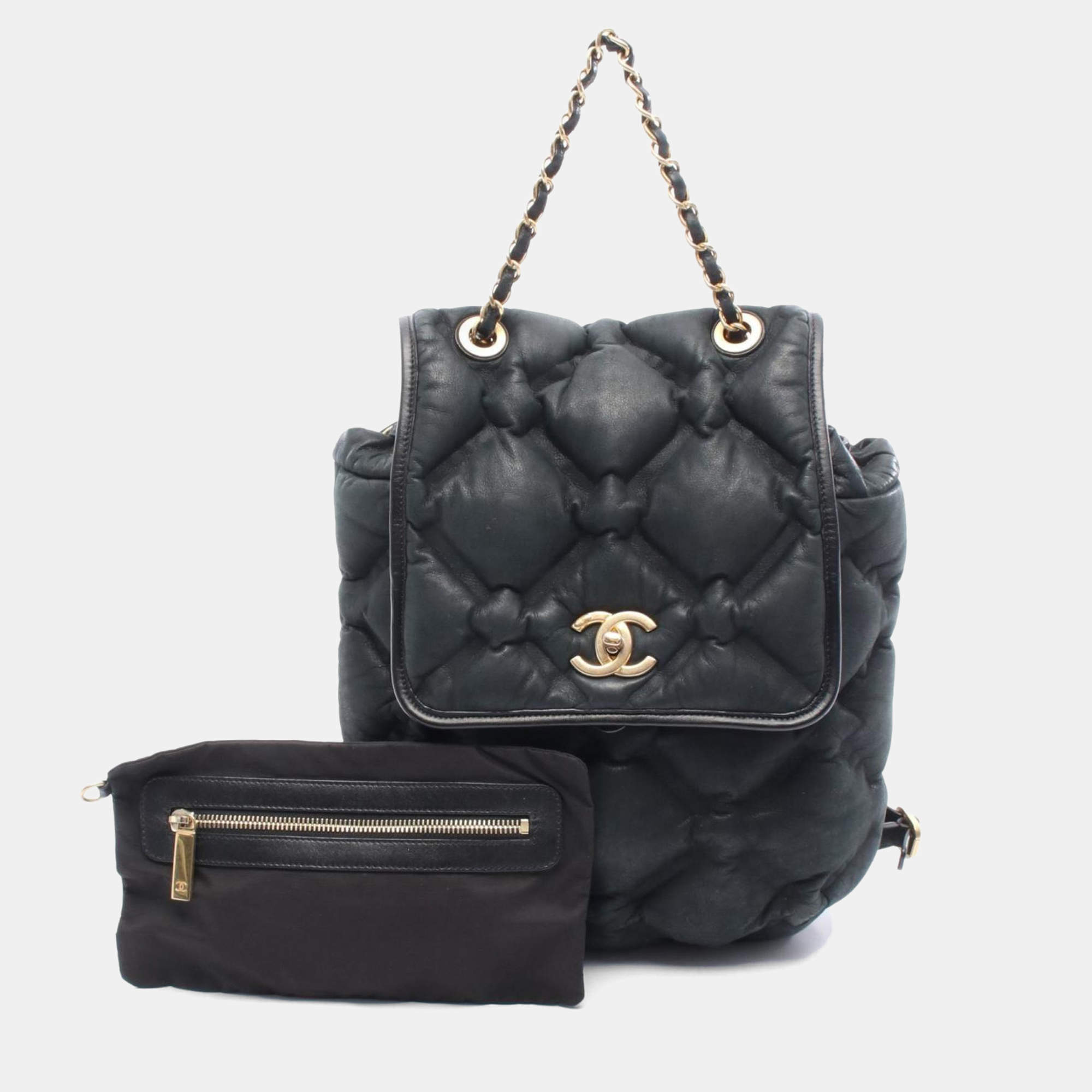Pre Owned Chanel Bubble Quilted Backpack Leather Black