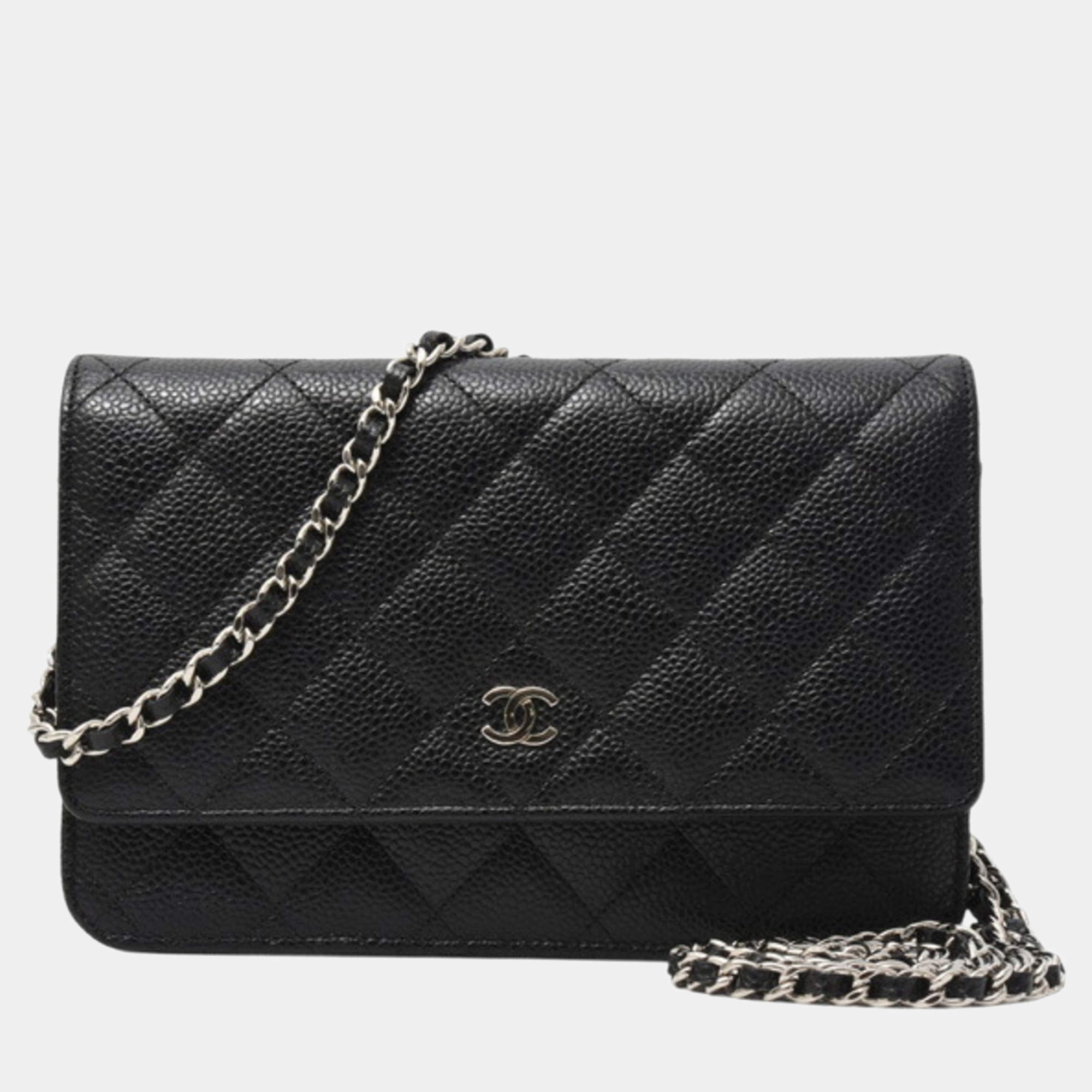 Pre Owned Chanel Classic Chain Wallet Matelasse Caviar Leather Black