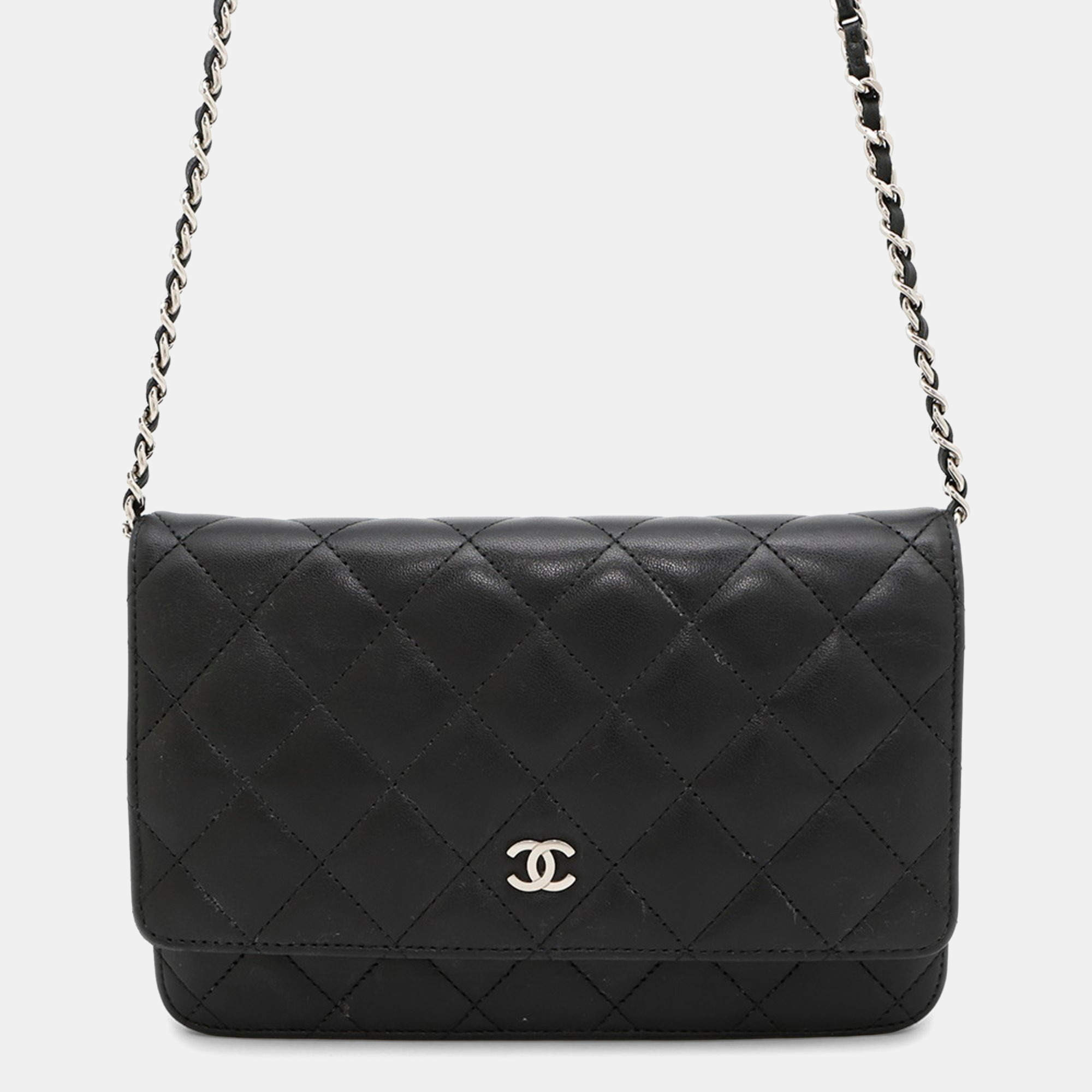 Pre Owned Chanel Chain Wallet Classic Matelasse Coco Mark Lambskin Black