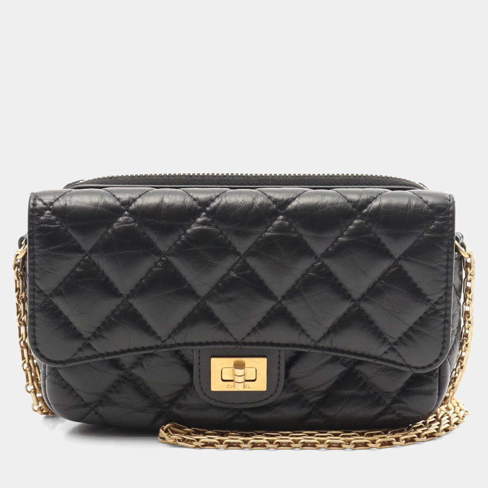 Pre Owned Chanel 2.55 Matelasse Shoulder Bag In Calfskin Leather Black