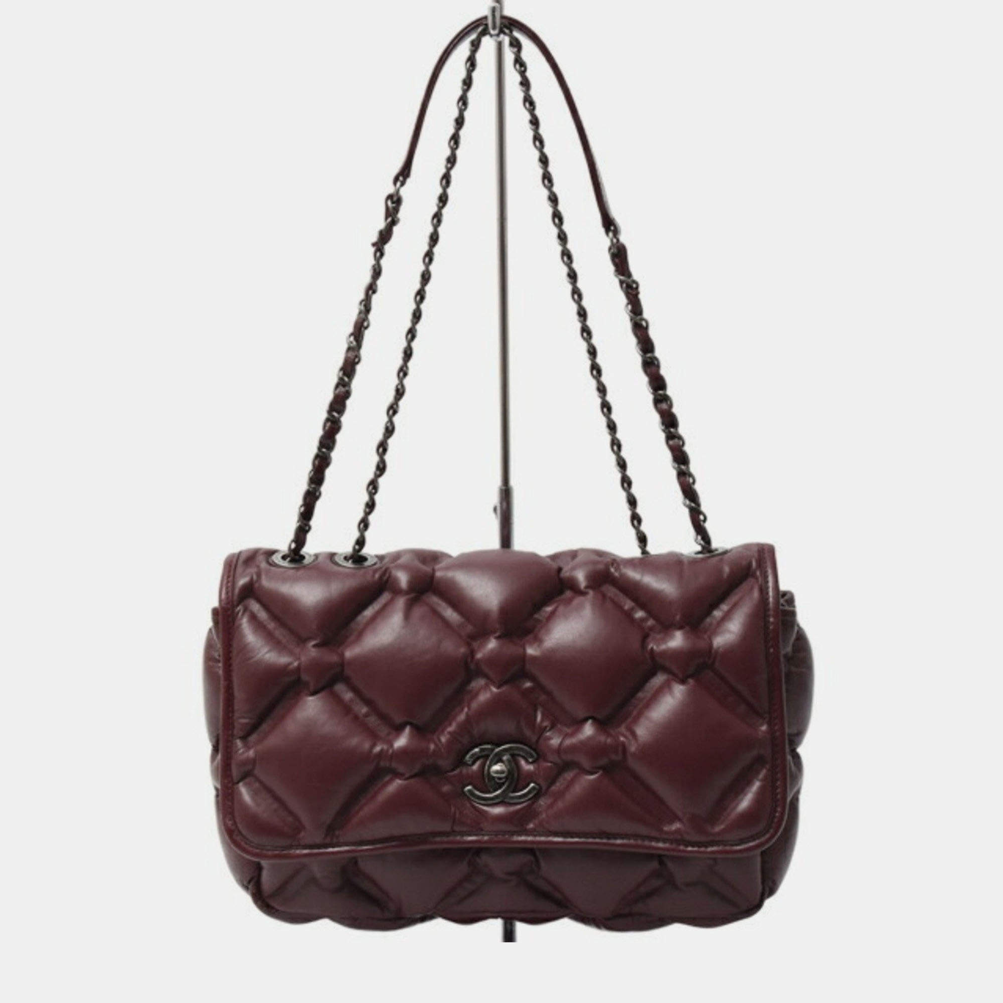 Pre Owned Chanel Bordeaux Bubble Quilted Matelasse Lambskin Shoulder Bag