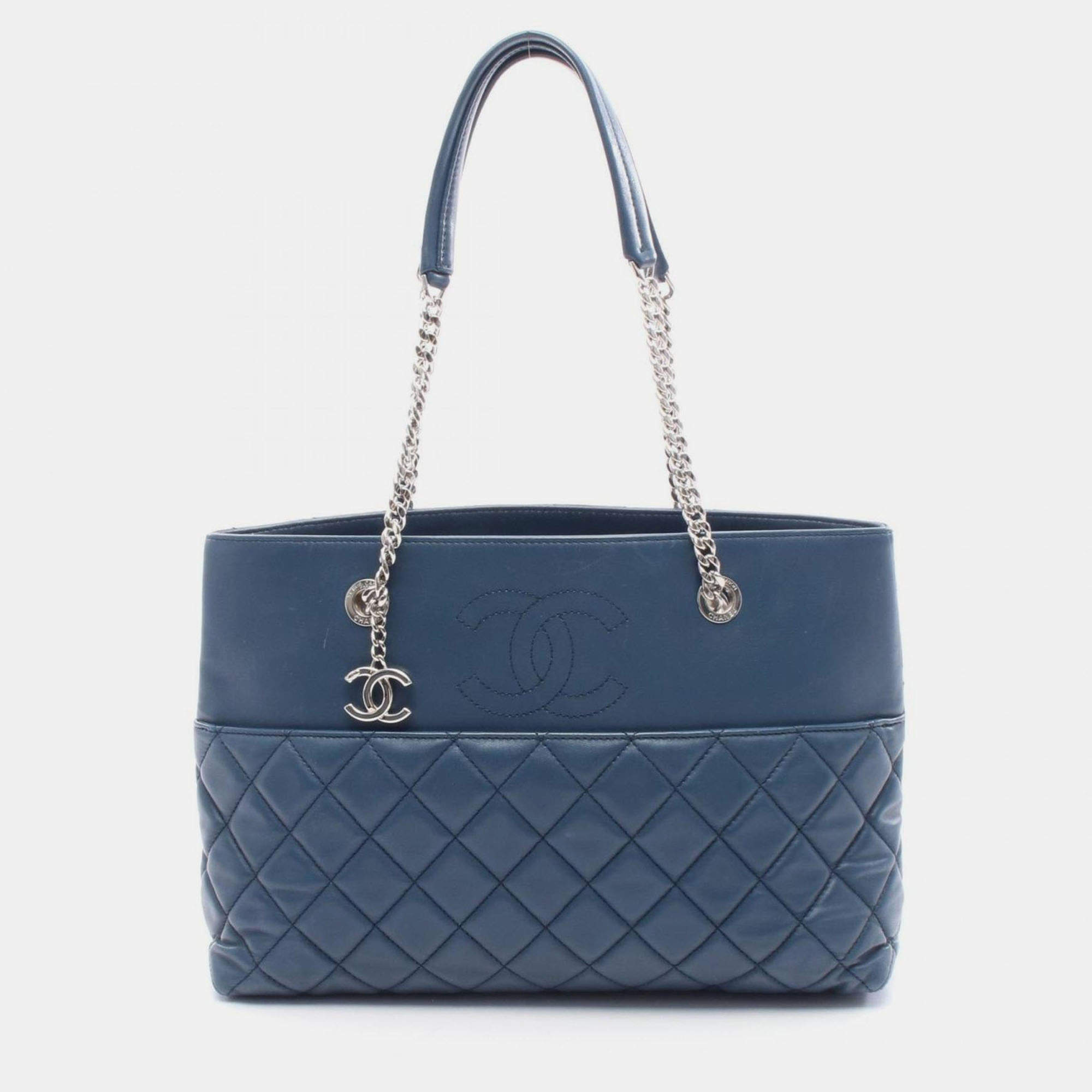 Pre Owned Chanel Matelasse Tote Bag Lambskin Leather Blue