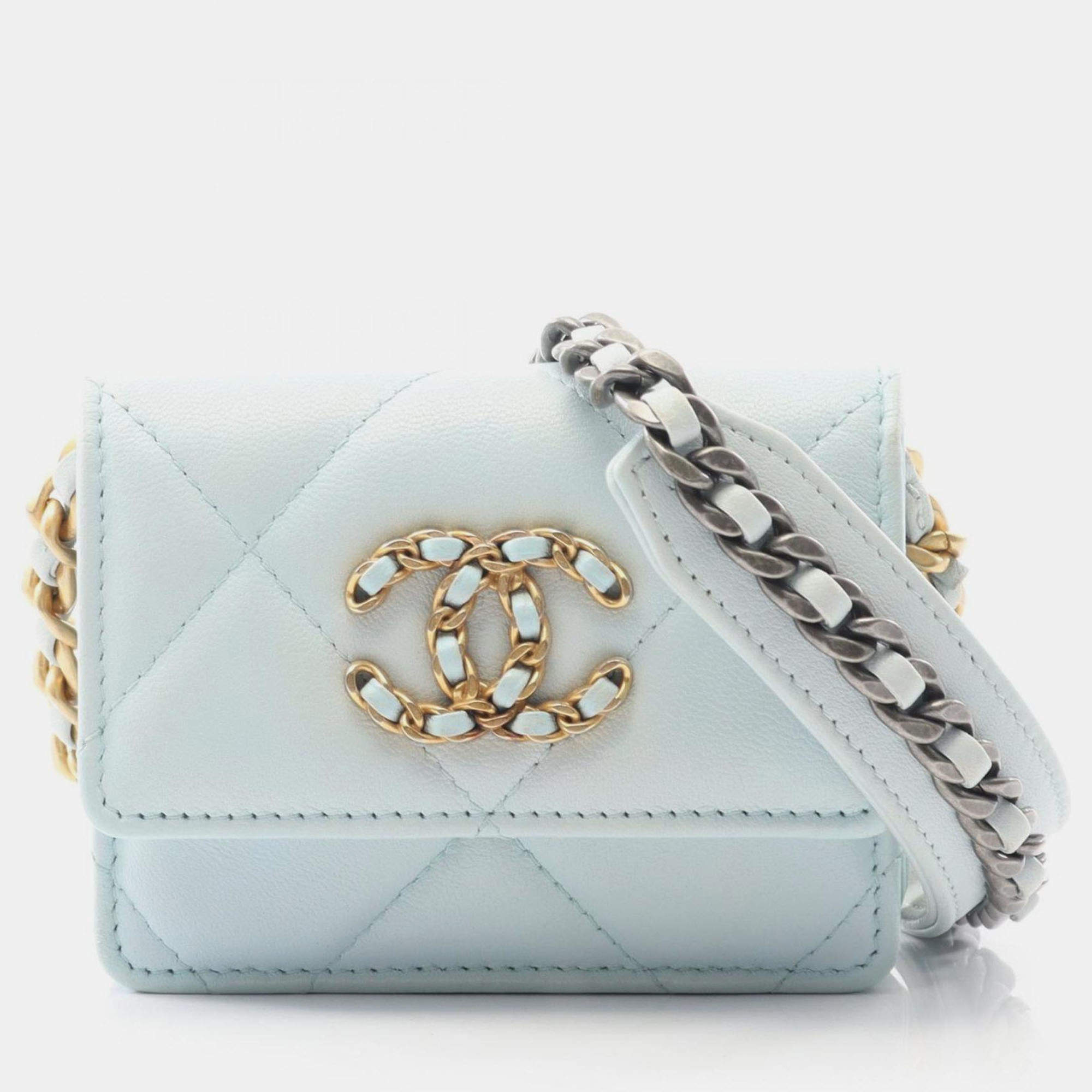 Pre Owned Chanel 19 Matelasse Shoulder Bag Lambskin Leather Blue