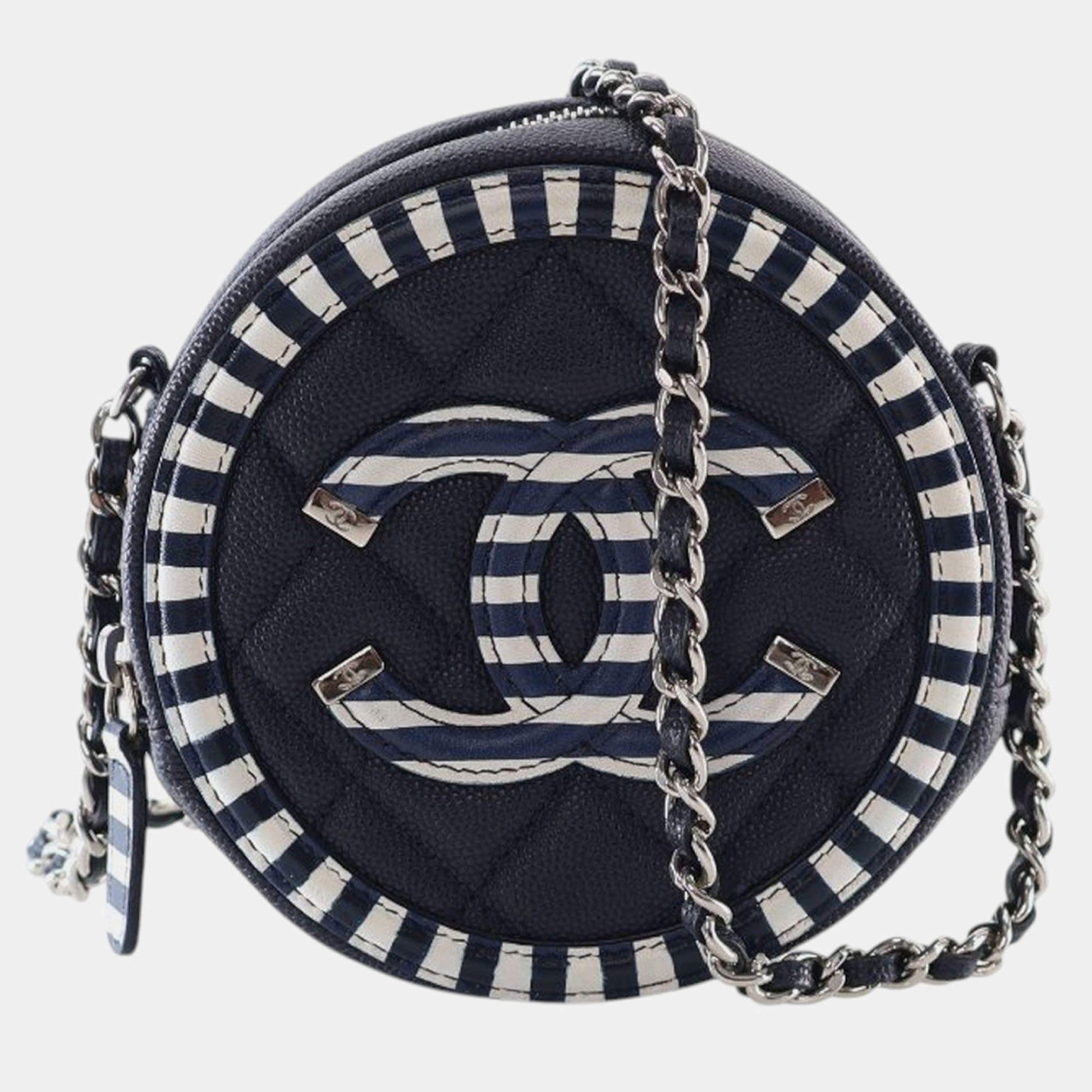 Pre Owned Chanel Navy Blue White Caviar Striped CC Filigree Round Crossbody