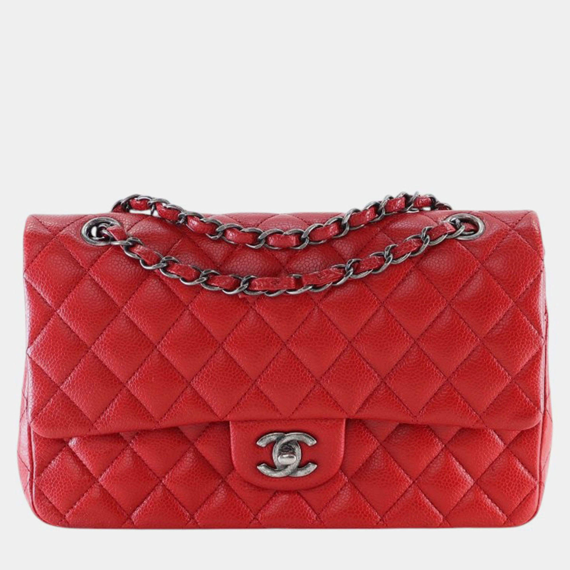 Pre Owned Chanel Red Medium Classic Caviar Double Flap