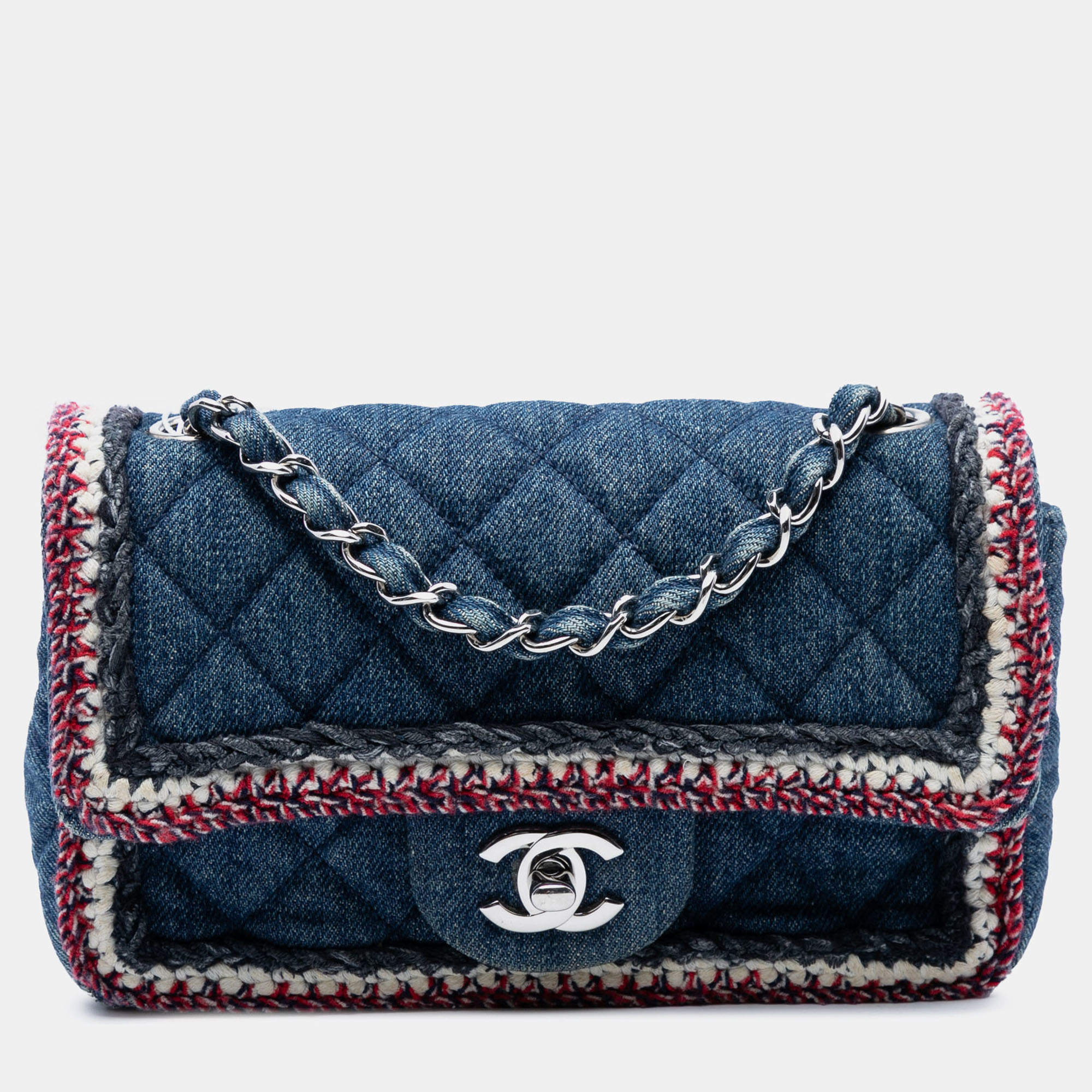 Pre Owned Chanel Blue Mini Rectangular Classic Denim Braided Single Flap