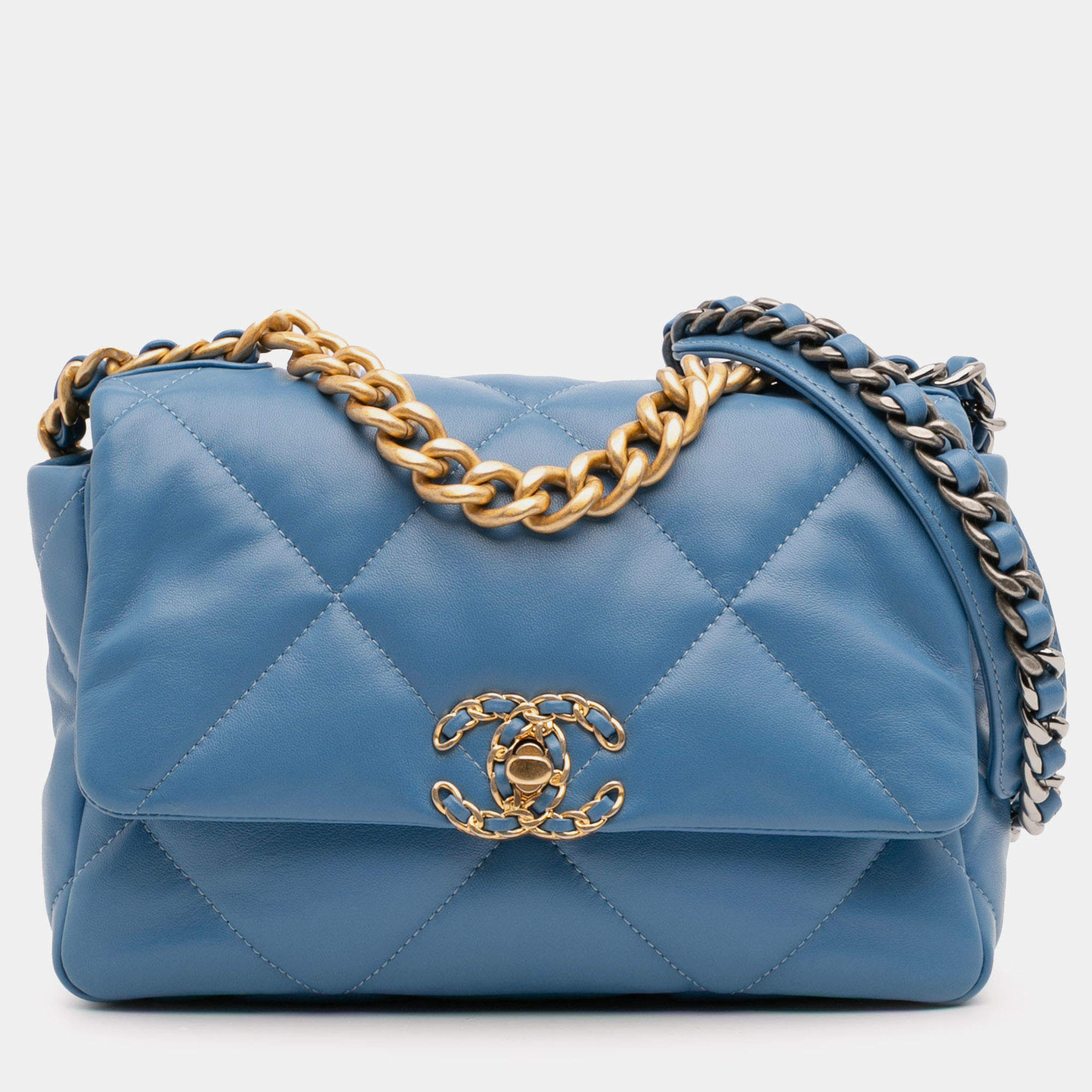 Pre Owned Chanel Blue Medium Lambskin 19 Flap