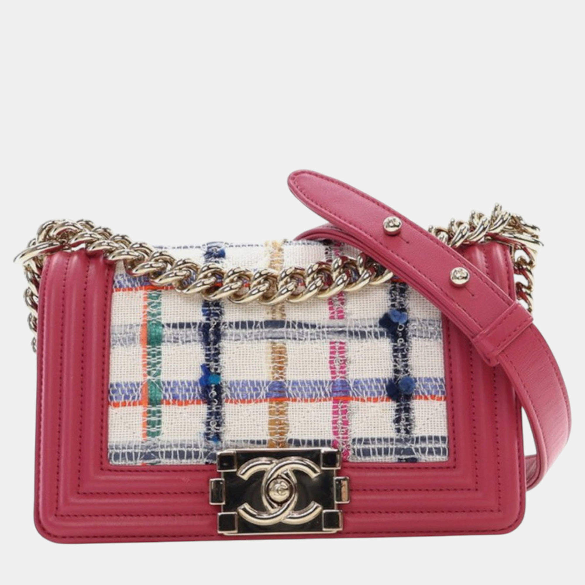 Pre Owned Chanel Pink White Small Tweed and Lambskin Boy Flap