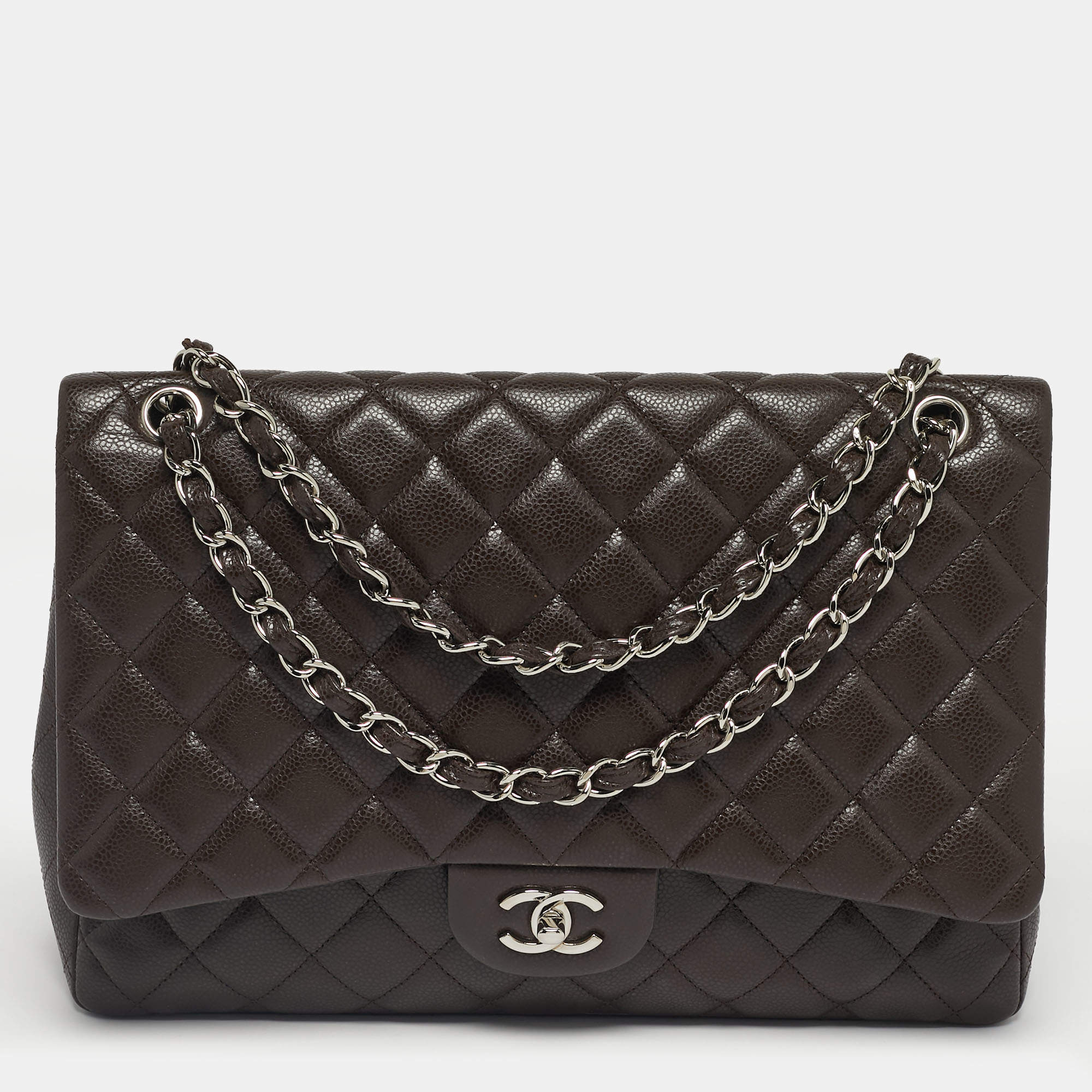 Pre Owned Chanel Dark Brown Quilted Caviar Leather Maxi Classic Single Flap Bag