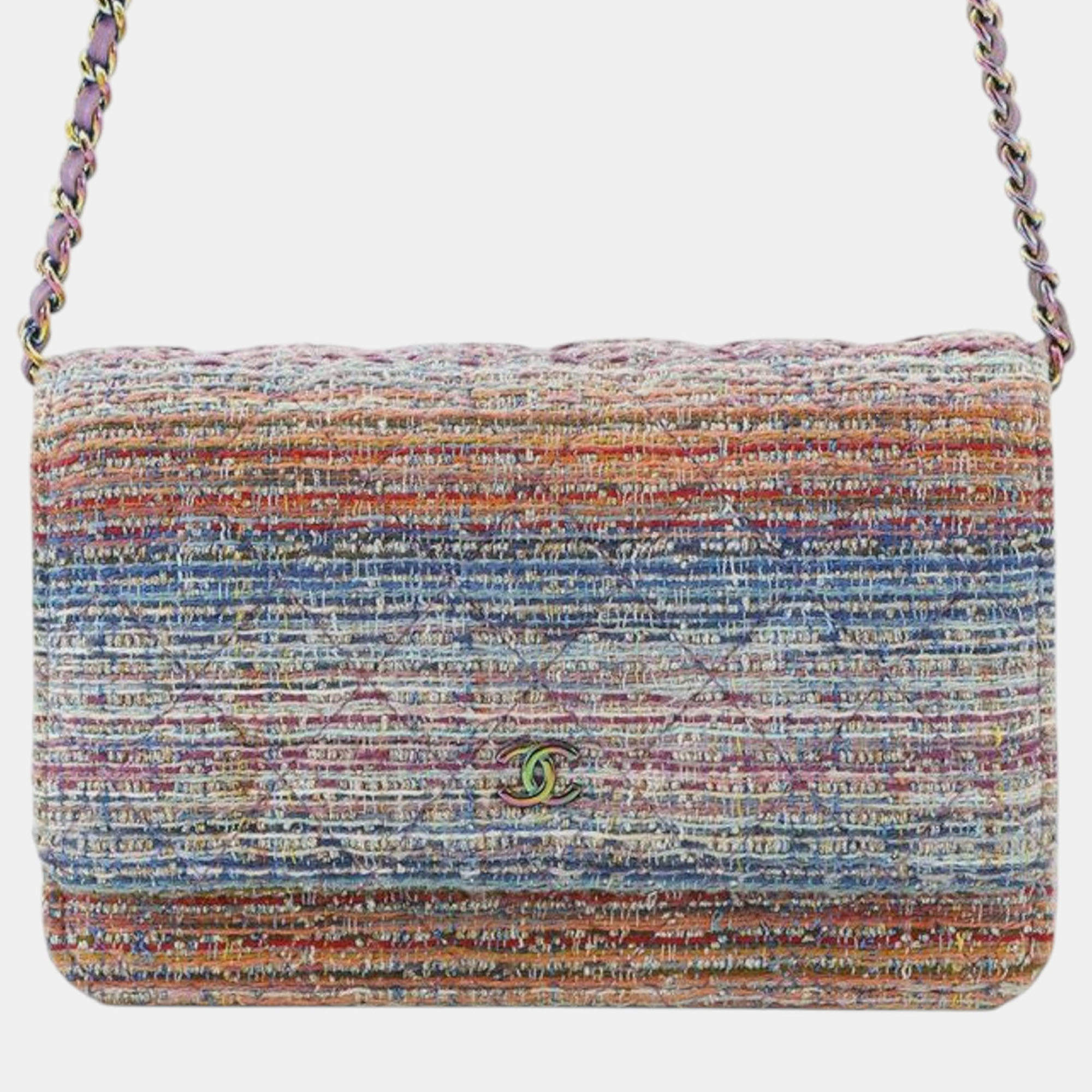 Pre Owned Chanel Multicolor CC Quilted Tweed Rainbow Hardware Wallet on Chain