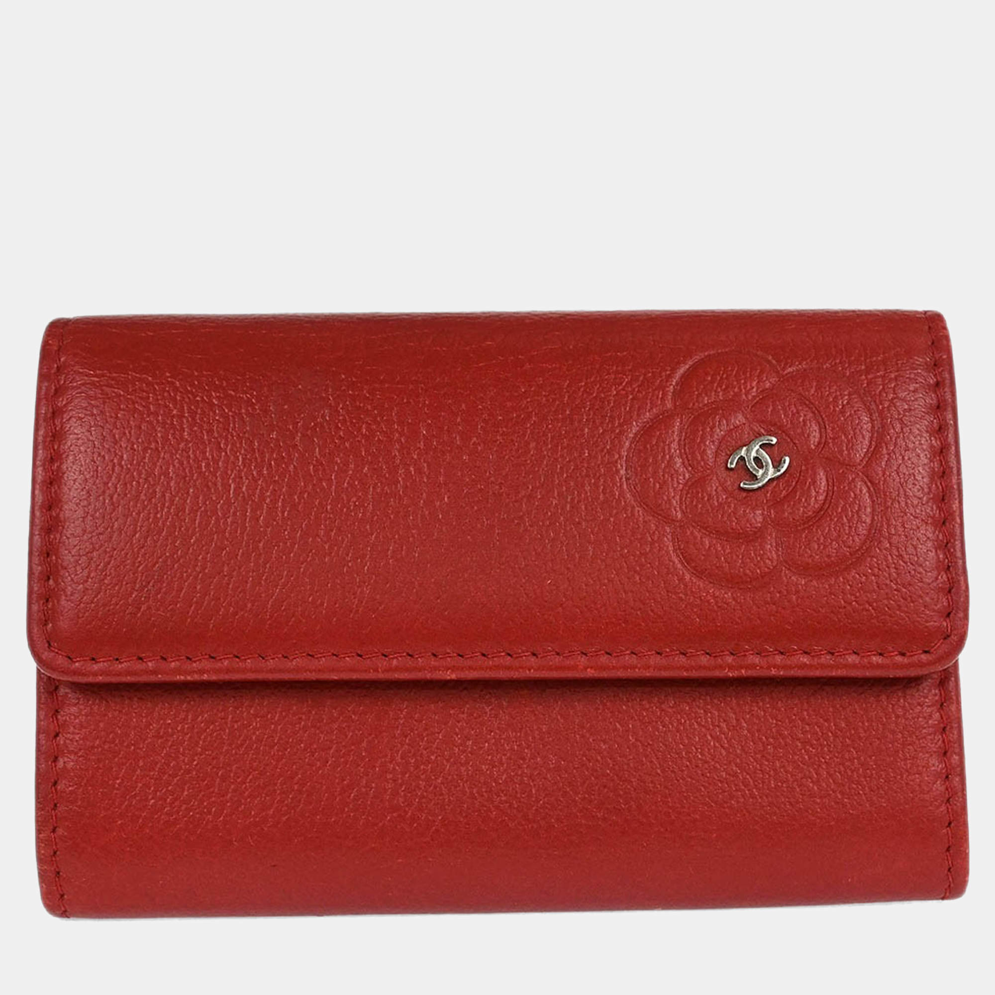 Pre Owned Chanel Red Calfskin Camellia Coin Purse Wallet