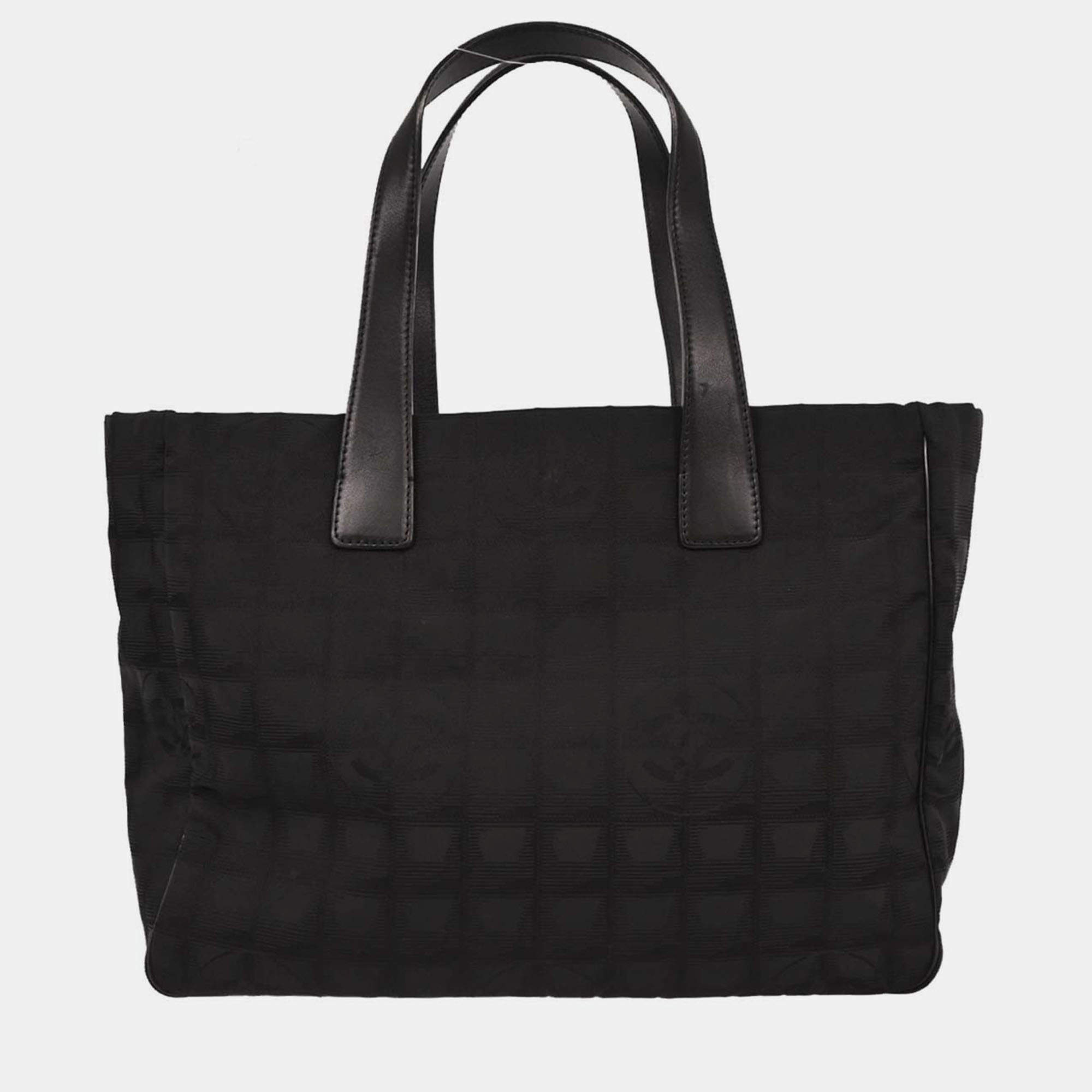 Pre Owned Chanel Black Jacquard Nylon Travel Line Tote Handbag