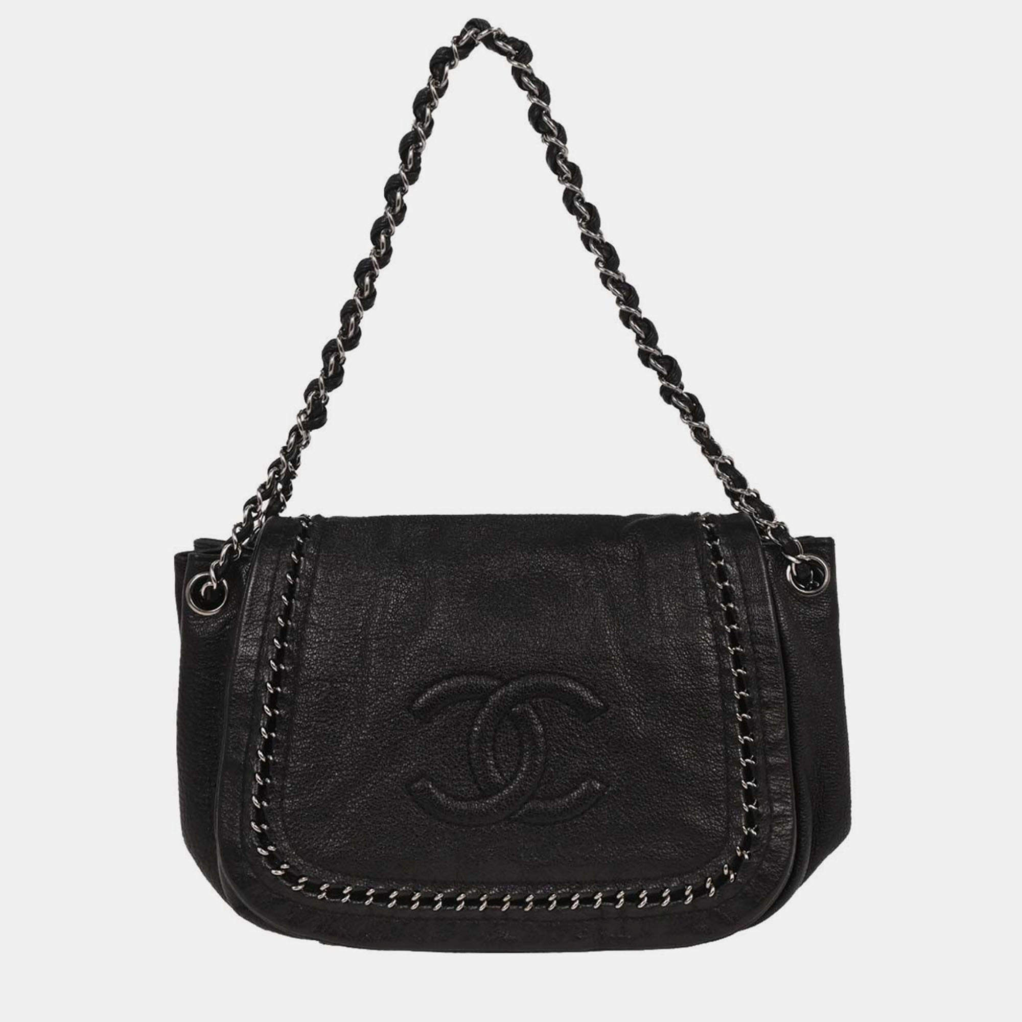 Pre Owned Chanel Black Calfskin Luxury Line Accordion Flap Handbag