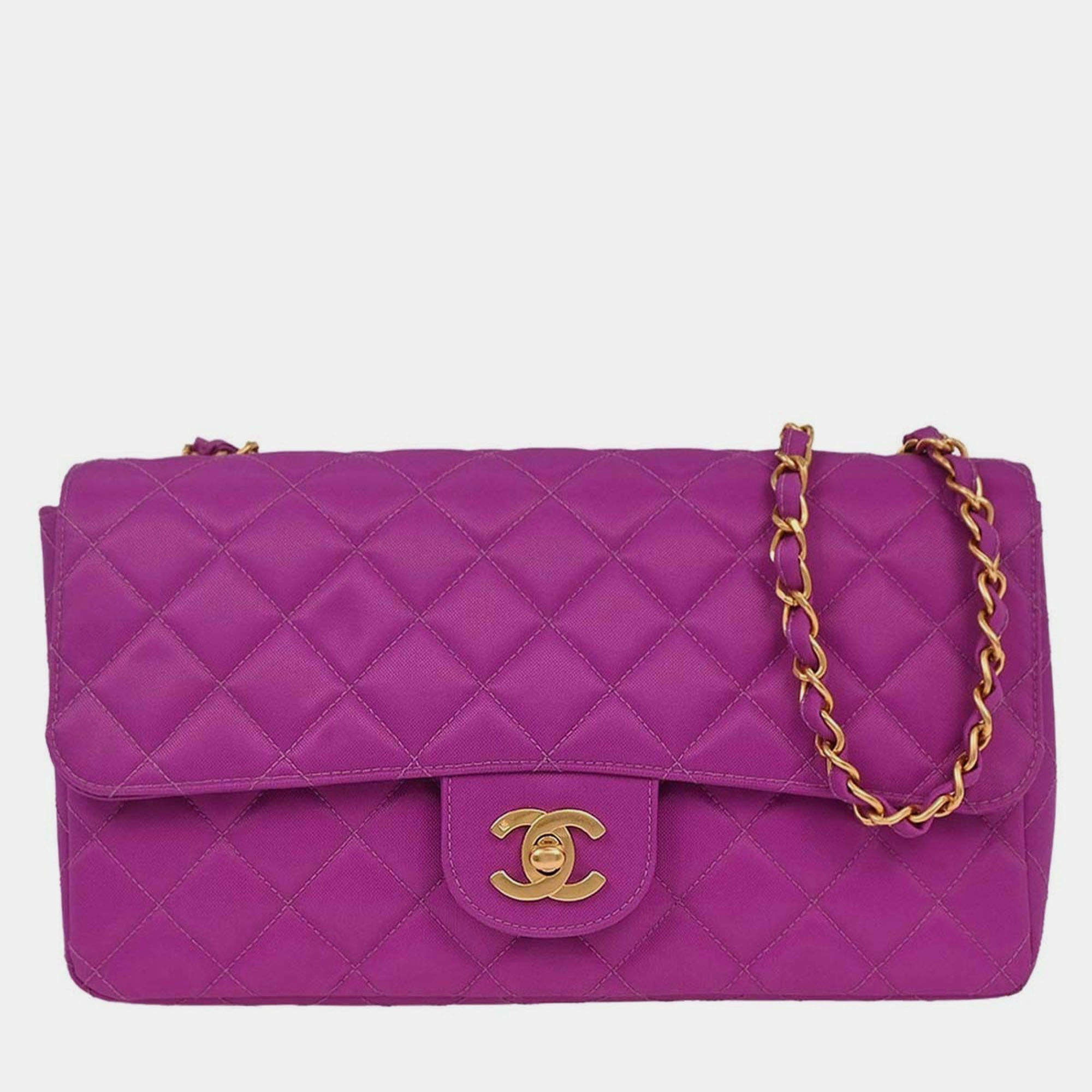 Pre Owned Chanel Purple Nylon Medium Single Flap Shoulder Bag
