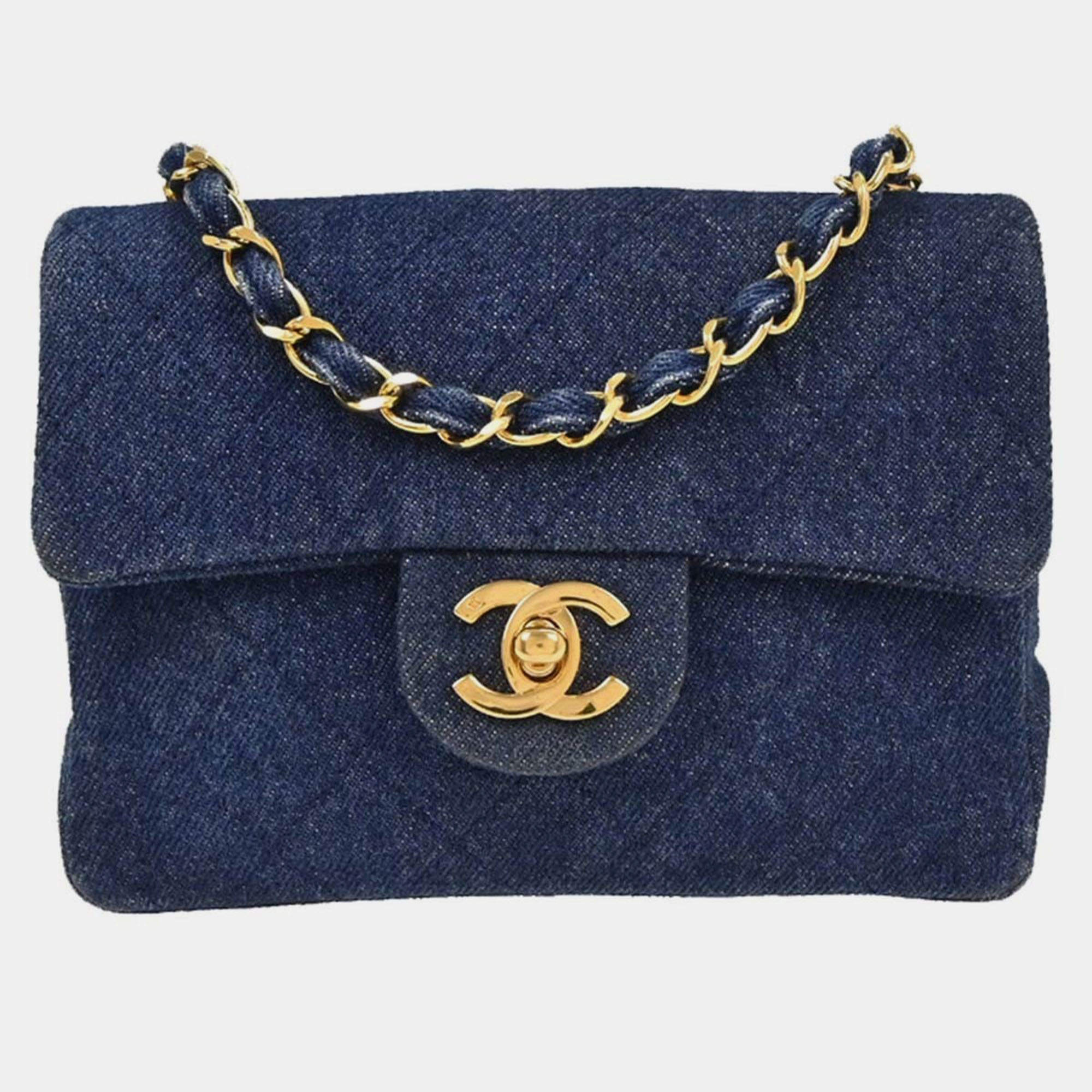 Pre Owned Chanel Indigo Denim Mini Classic Square Flap Shoulder Bag