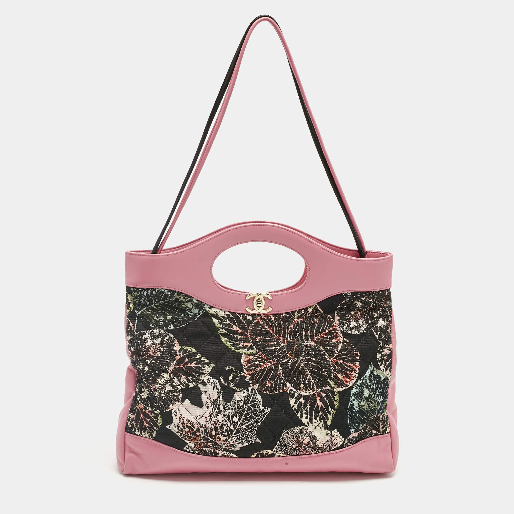 Pre Owned Chanel Pink/Black Printed Quilted Canvas and Leather Medium 31 Shopper Tote
