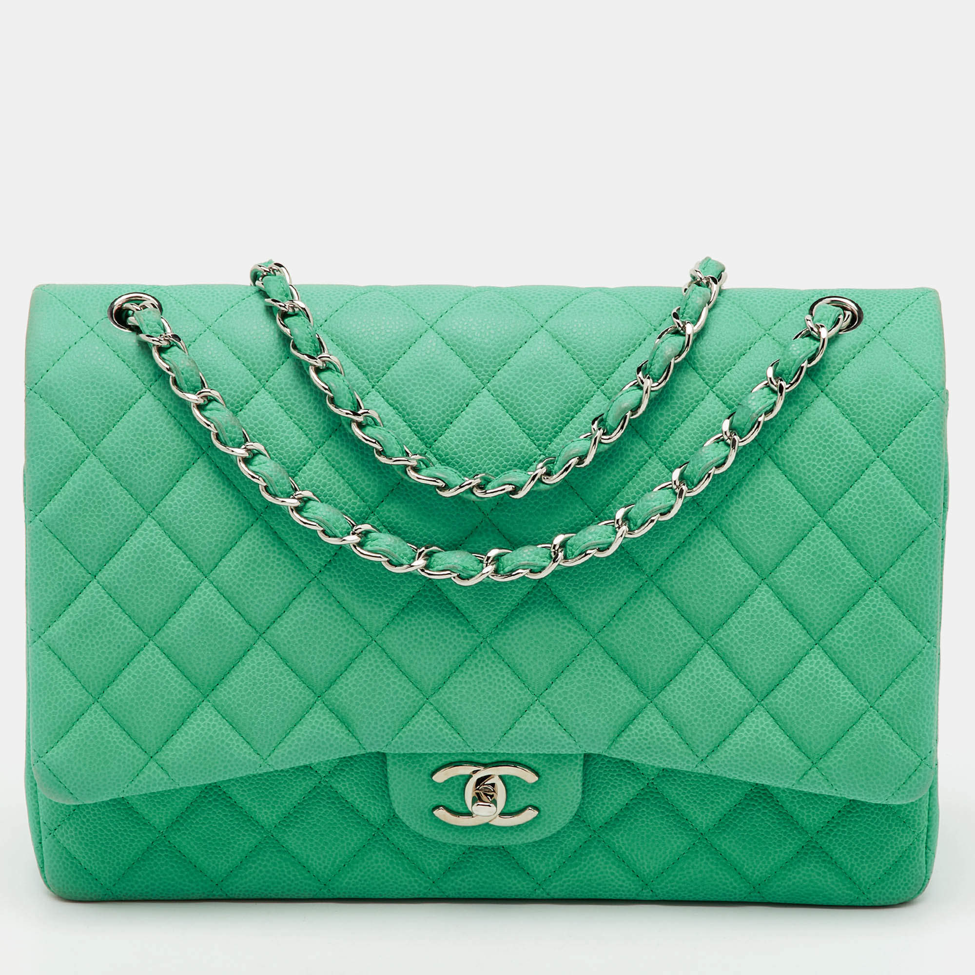 Pre Owned Chanel Green Quilted Caviar Leather Maxi Classic Double Flap Bag