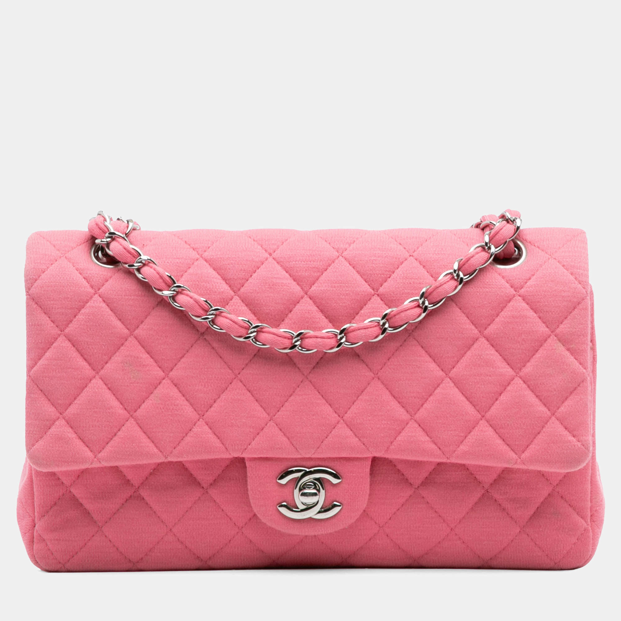 Pre Owned Chanel Pink Medium Classic Jersey Double Flap