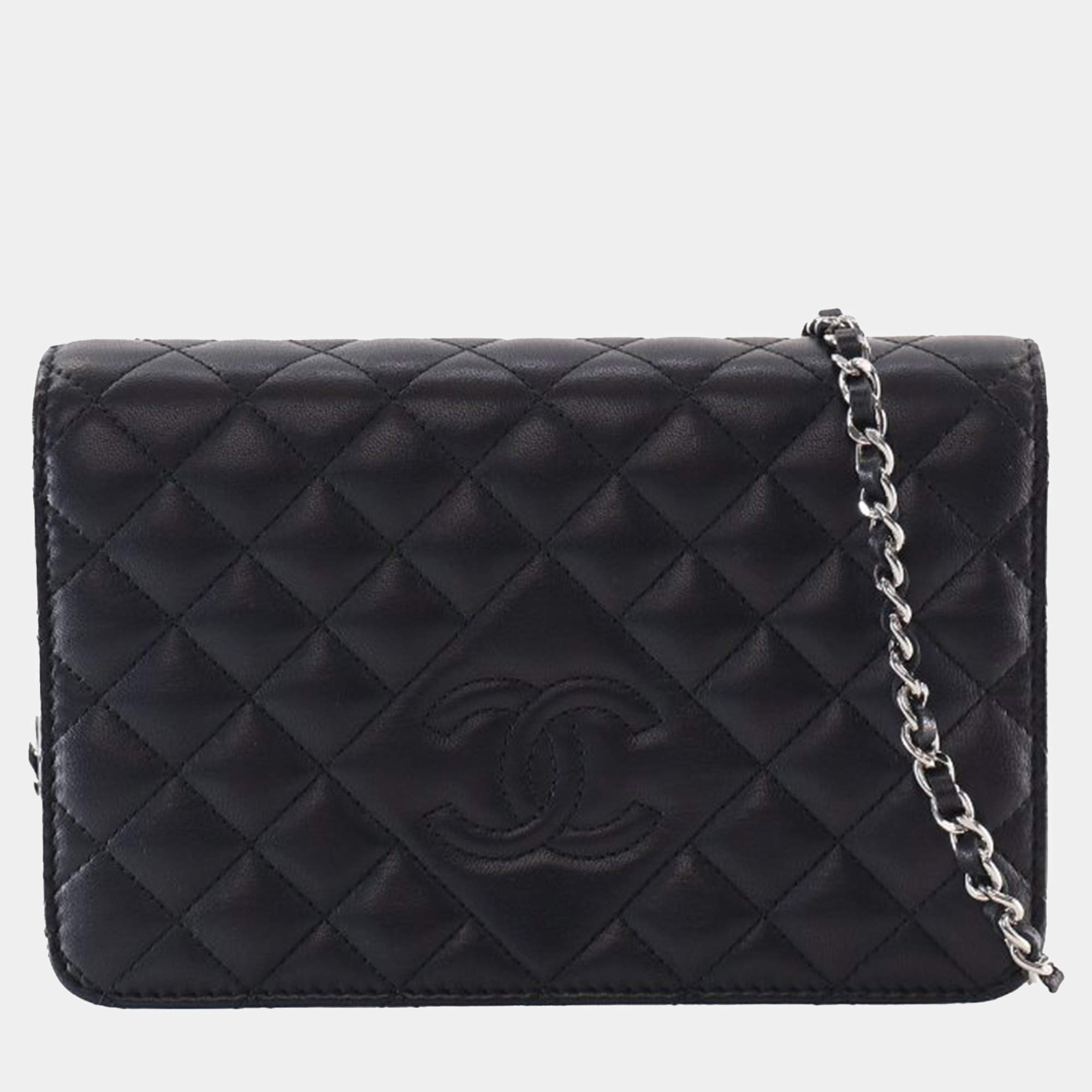 Pre Owned Chanel Black CC Quilted Lambskin Diamond Wallet On Chain