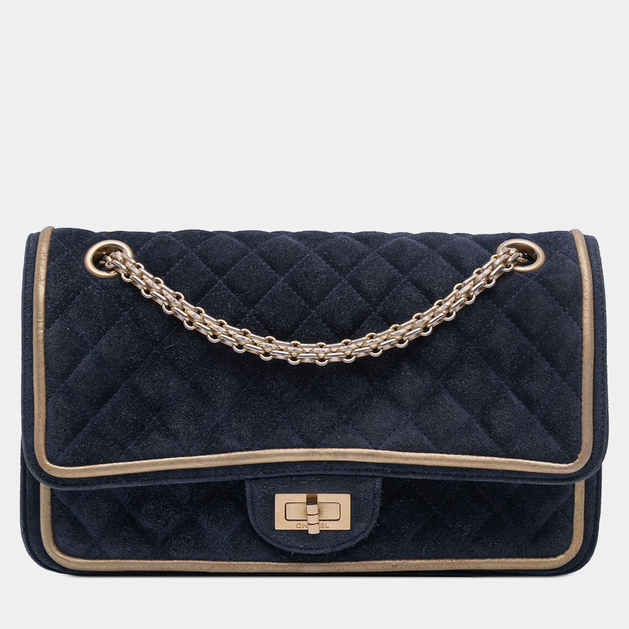 Pre Owned Chanel Navy Blue Reissue 2.55 Quilted Suede Double Flap 225