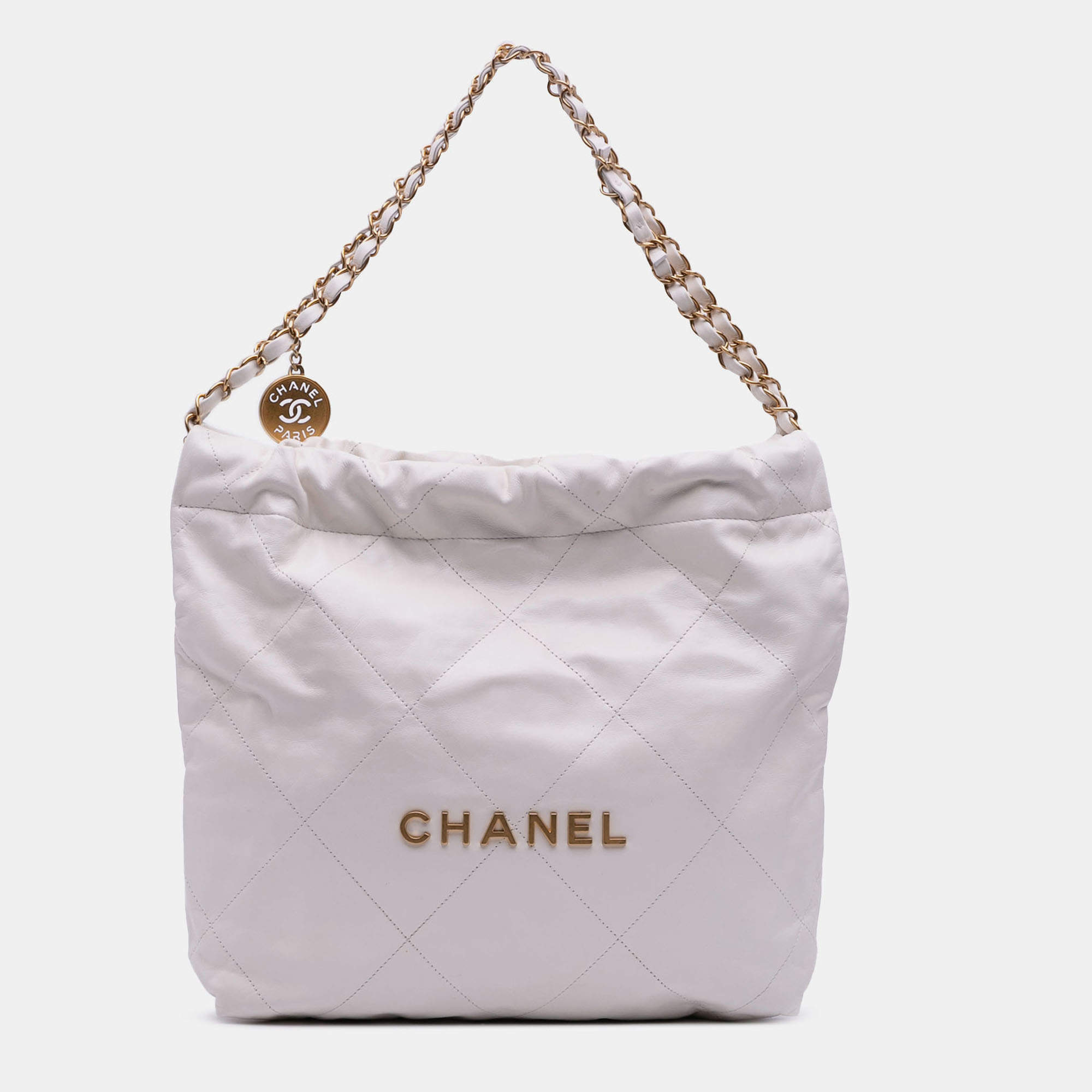 Pre Owned Chanel White Small Quilted Shiny Calfskin 22 Handbag