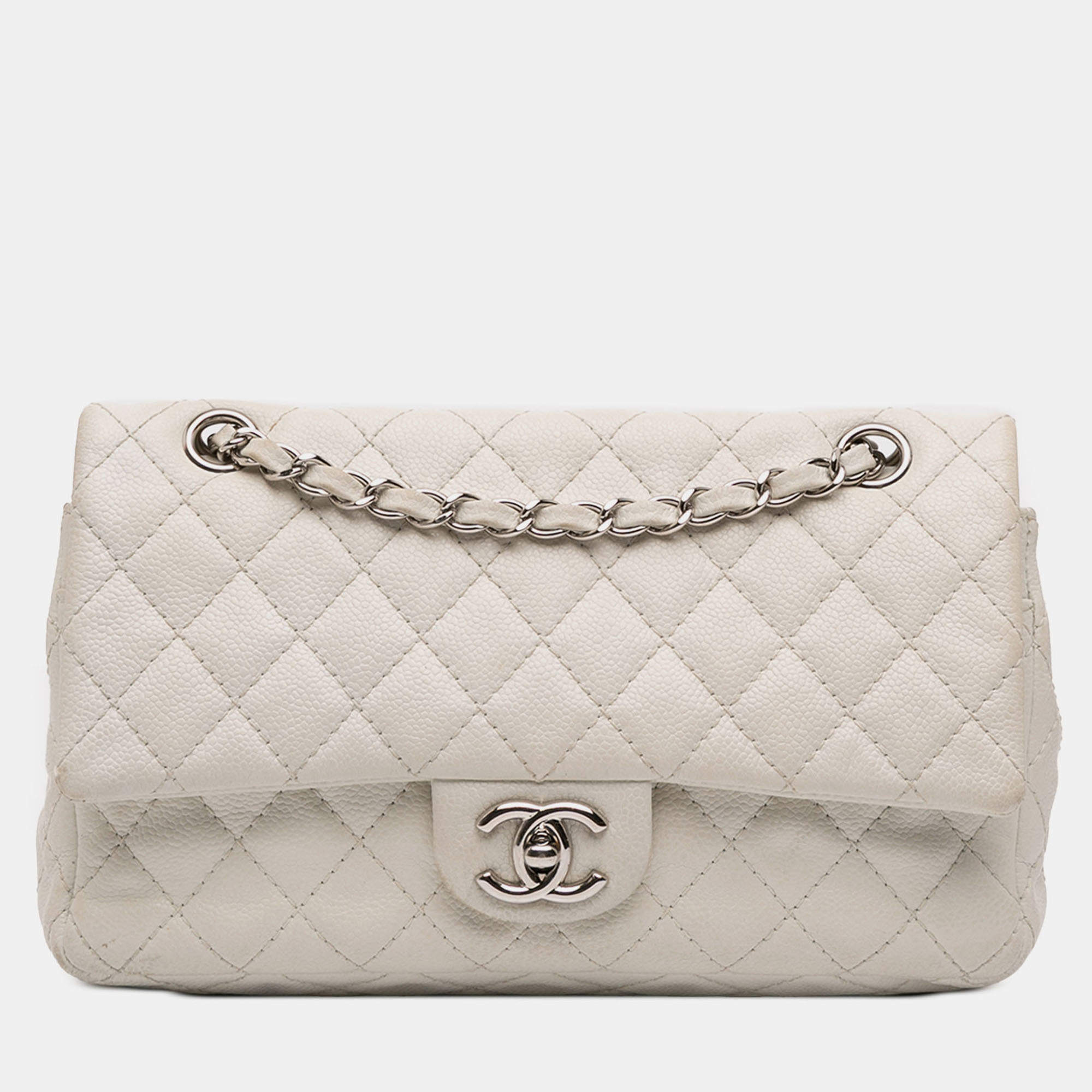 Pre Owned Chanel White Medium Classic Caviar Double Flap