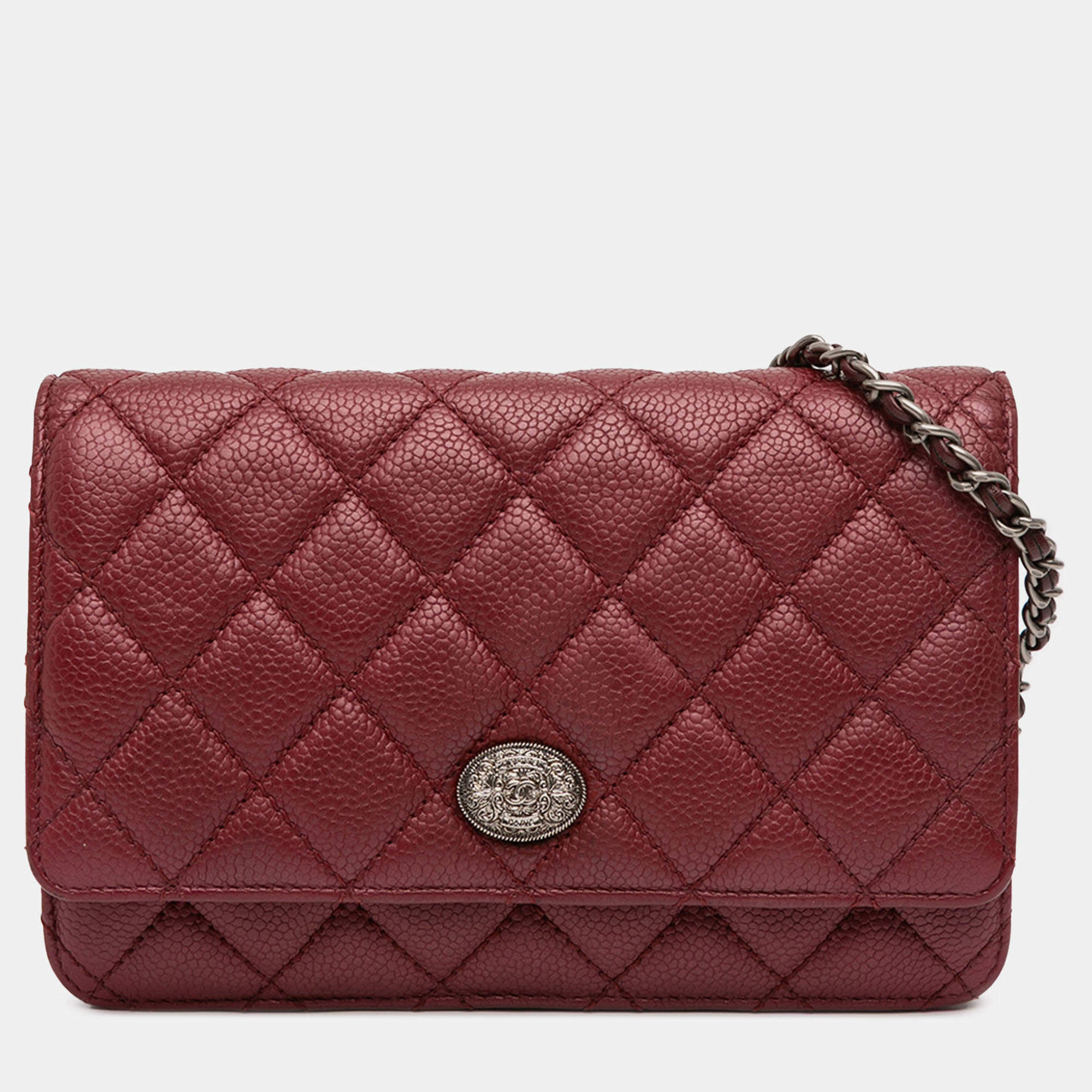 Pre Owned Chanel Red CC Quilted Caviar Wallet on Chain