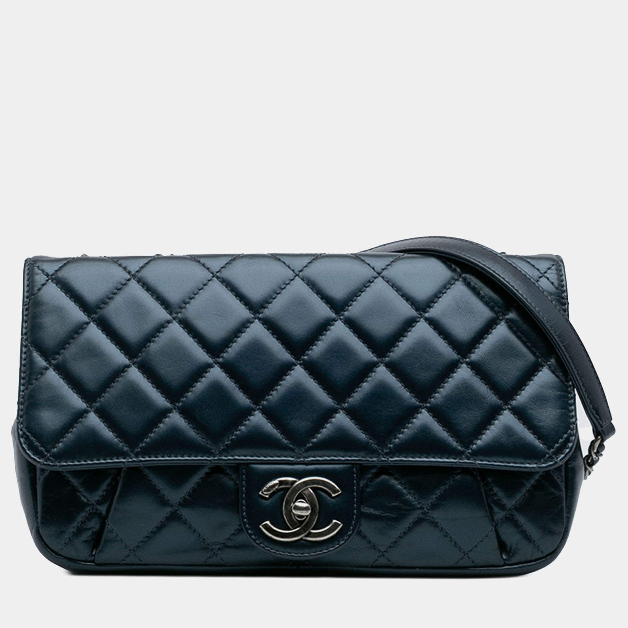 Pre Owned Chanel Blue Medium Quilted Glazed Calfskin Coco Pleats Flap