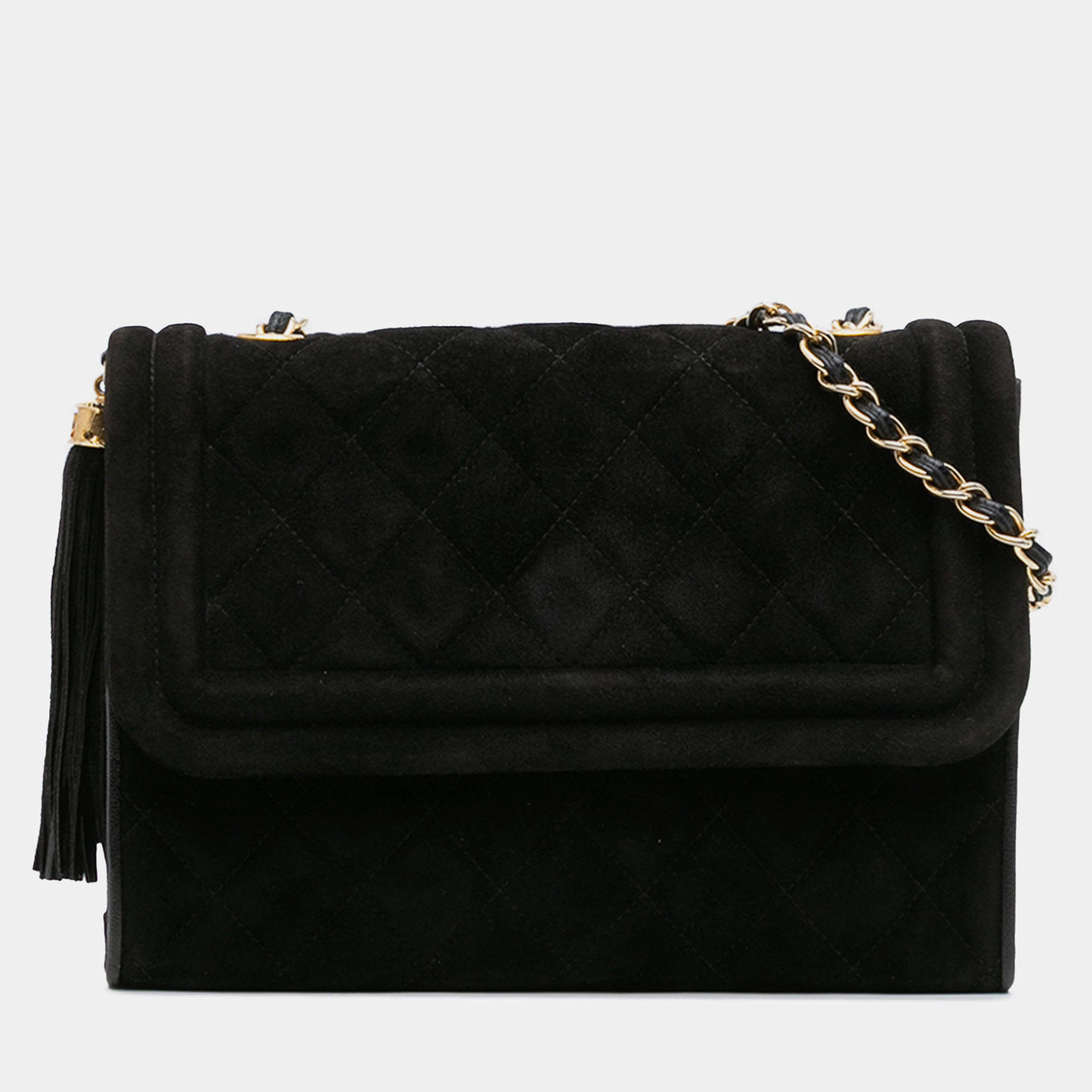 Pre Owned Chanel Black Quilted Suede Tassel Flap