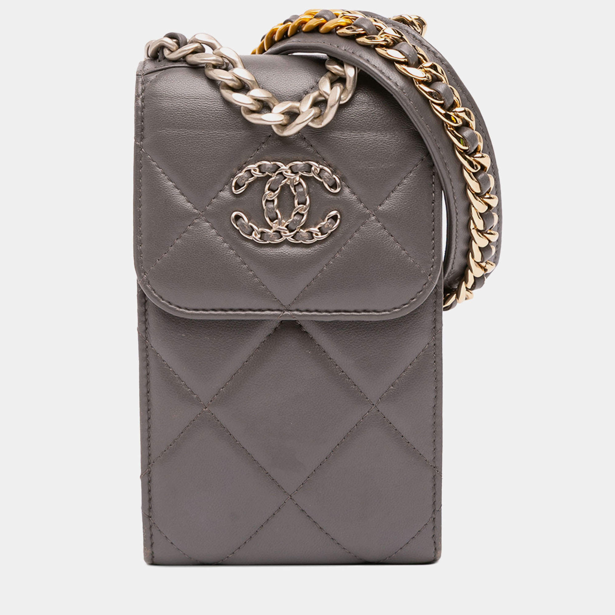 Pre Owned Chanel Grey Lambskin 19 Phone Holder with Chain