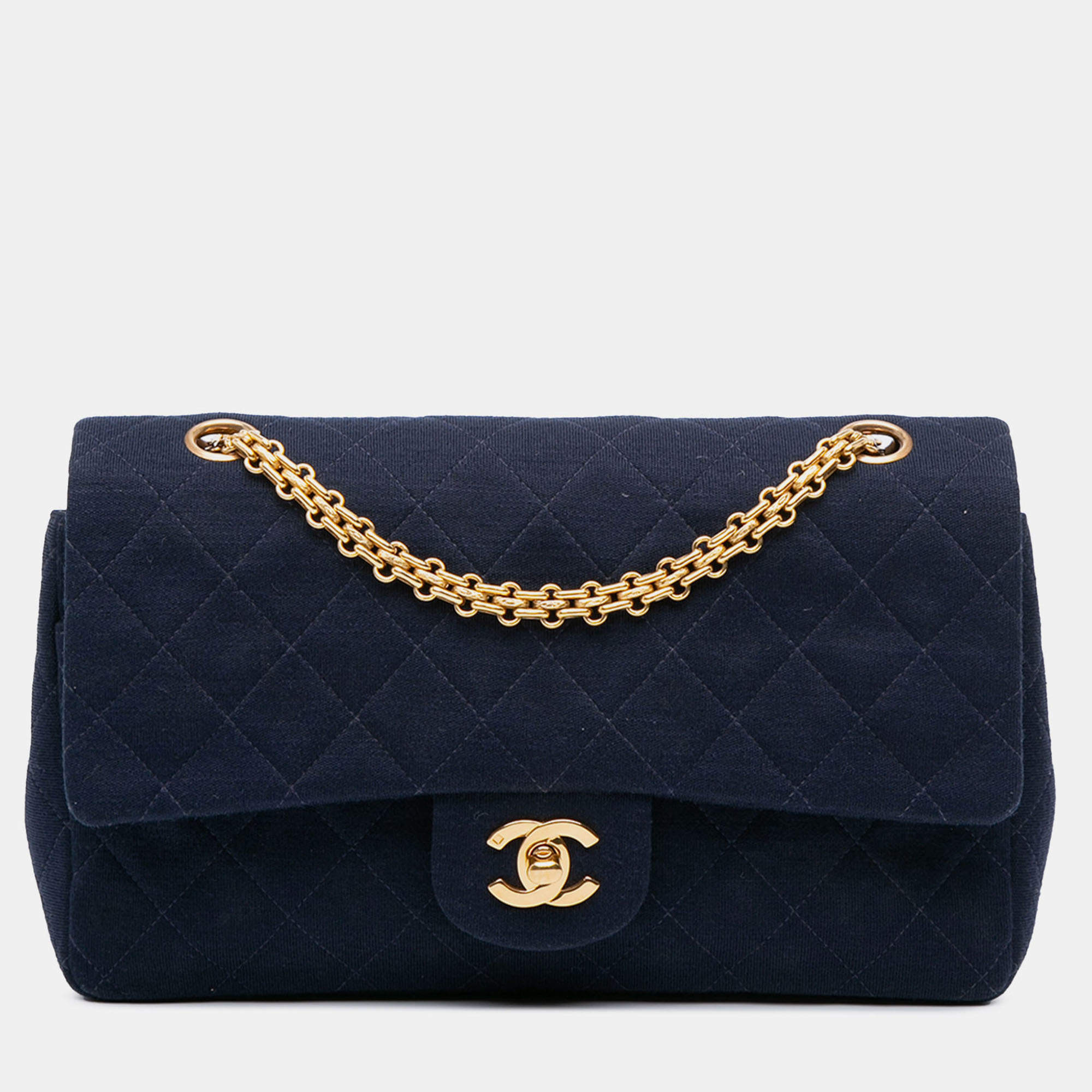 Pre Owned Chanel Blue Medium Classic Jersey Double Flap
