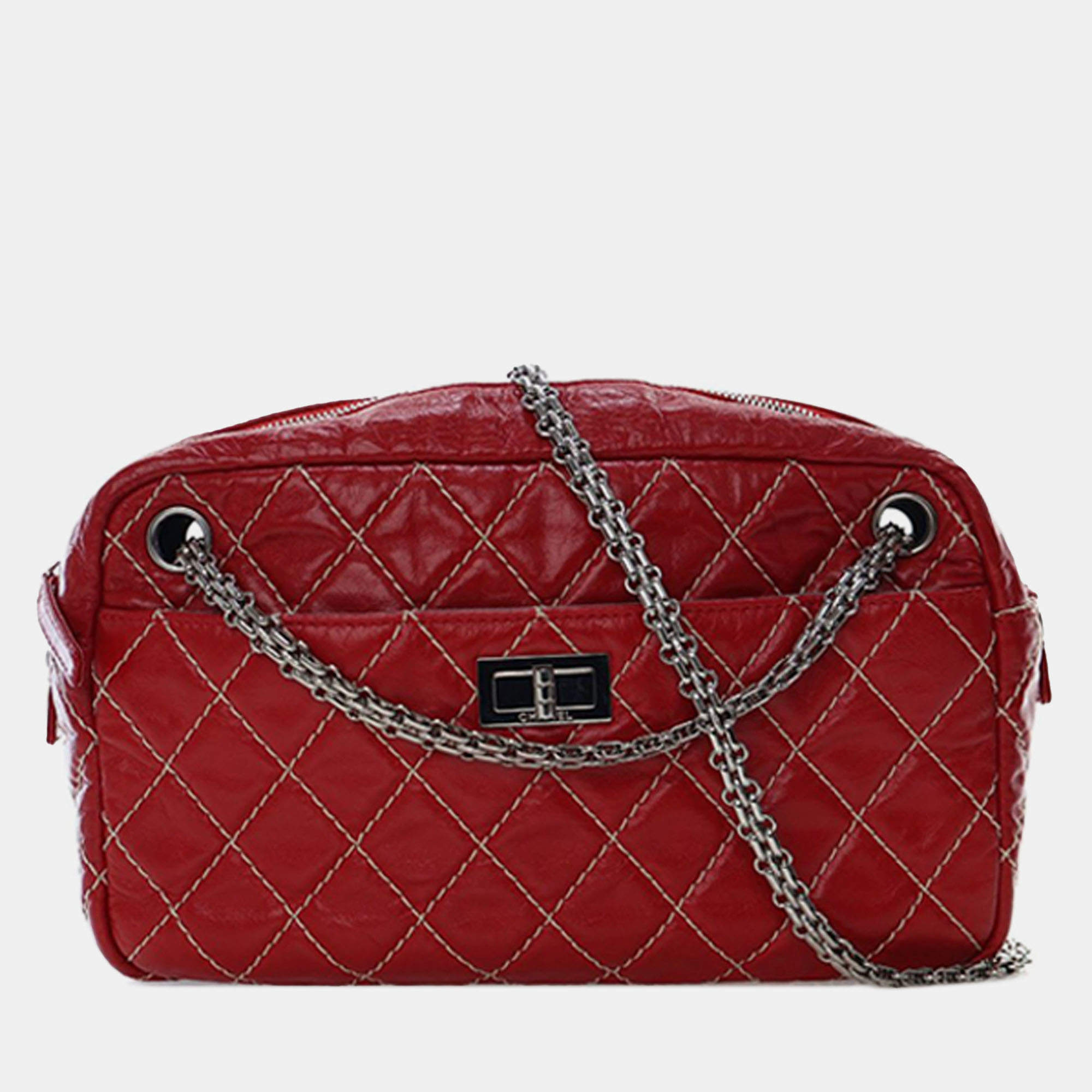 Pre Owned Chanel Red Medium Quilted Aged Calfskin Reissue Camera Bag