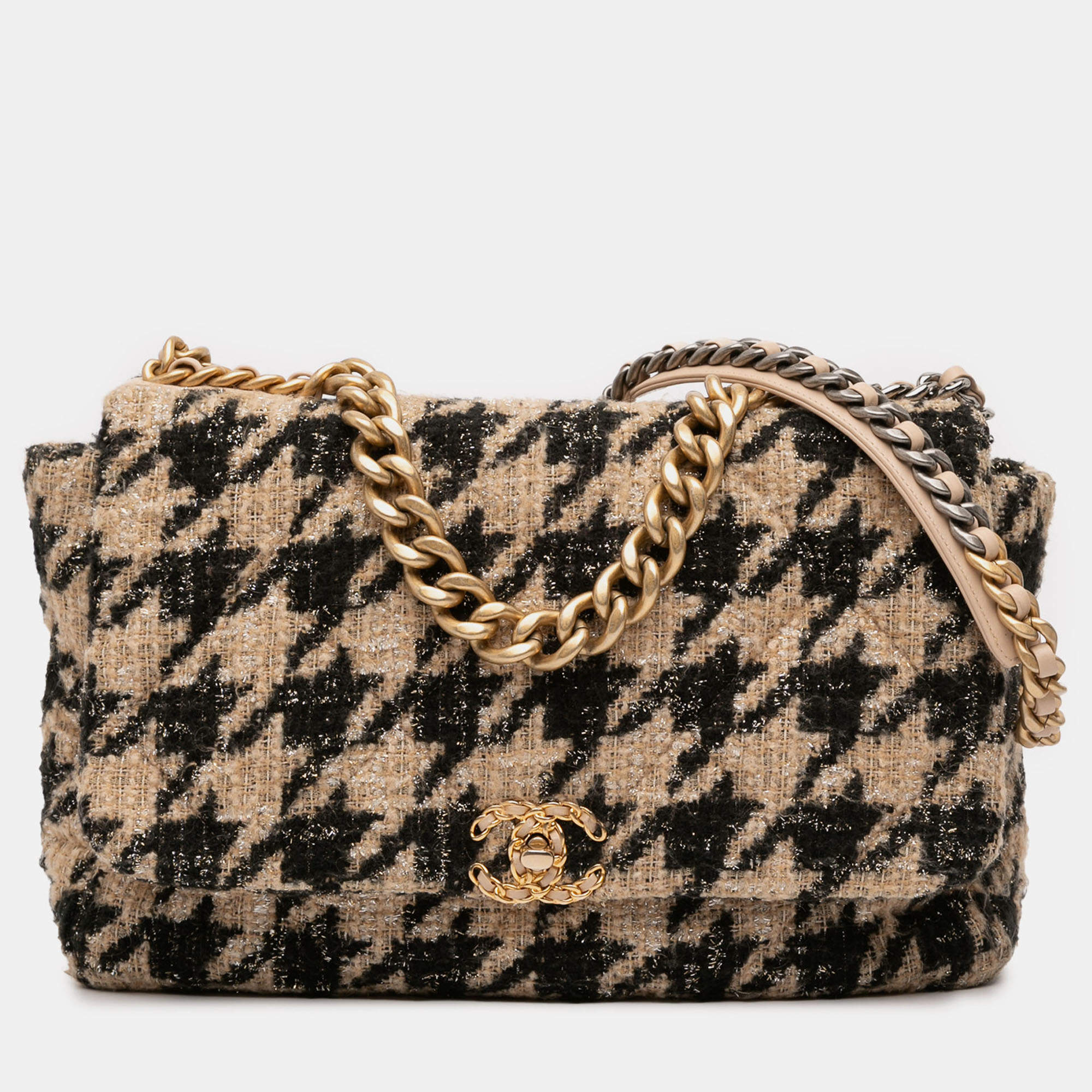 Pre Owned Chanel Brown Maxi Tweed Houndstooth 19 Flap