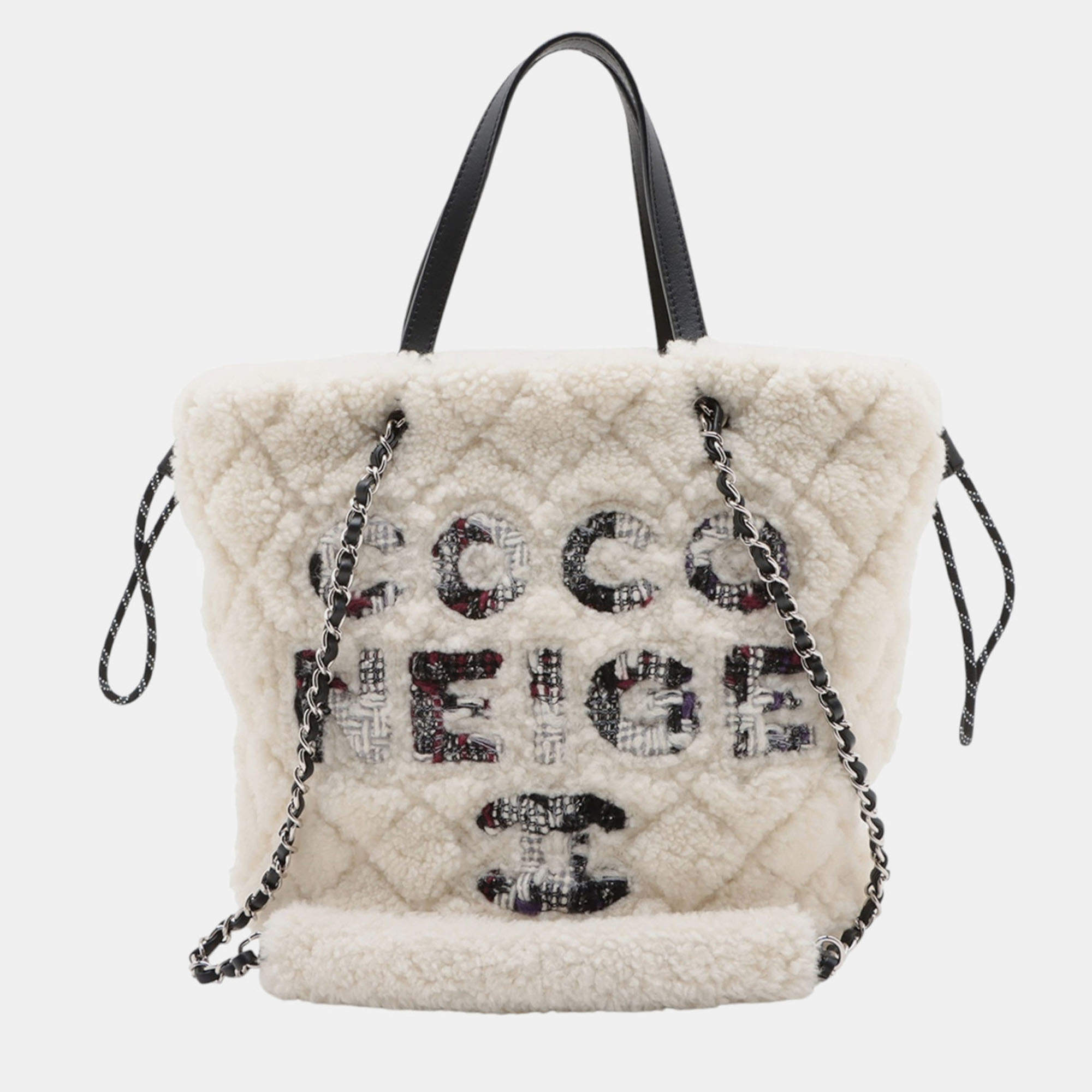 Pre Owned Chanel White Shearling Coco Neige Tote