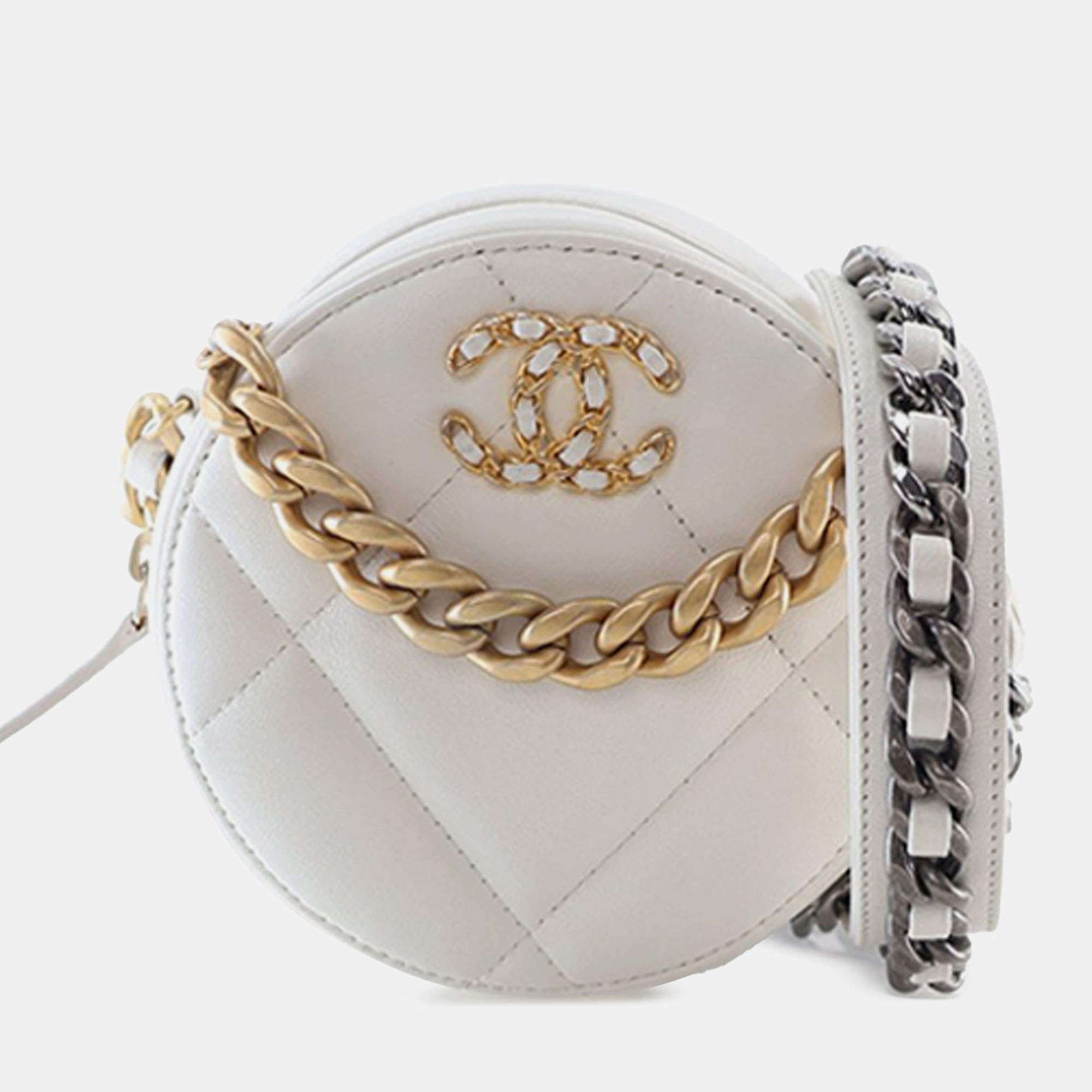 Pre Owned Chanel White Lambskin 19 Round Clutch with Chain