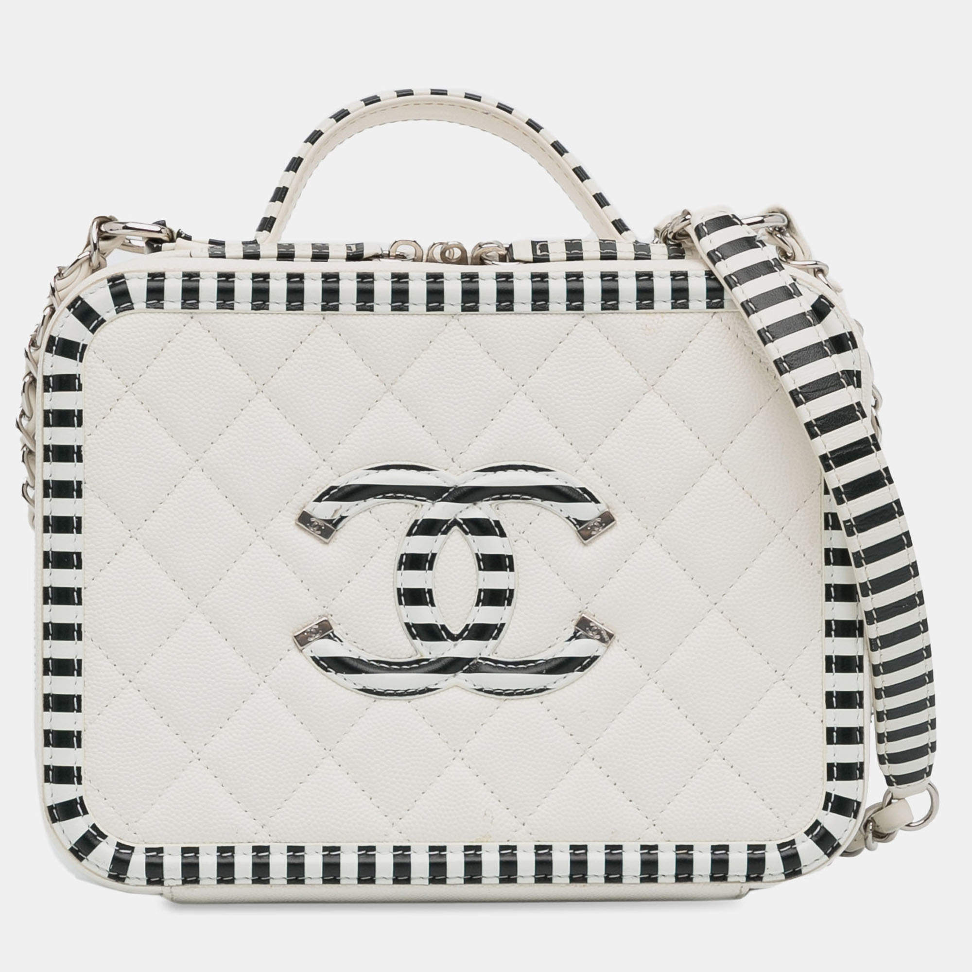 Pre Owned Chanel White Medium Caviar CC Filigree Vanity Case