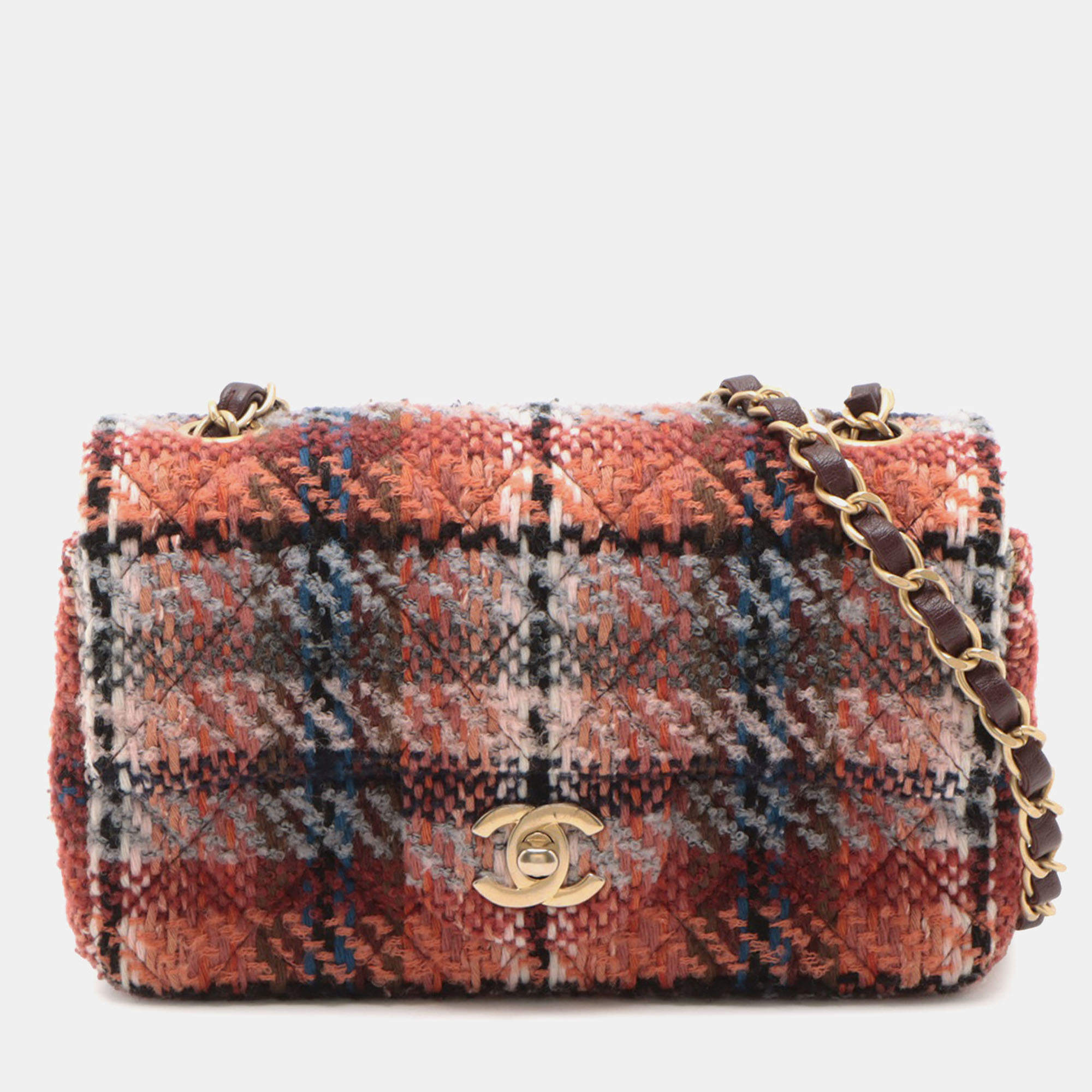 Pre Owned Chanel Orange Mini Rectangular Classic Tweed Single Flap