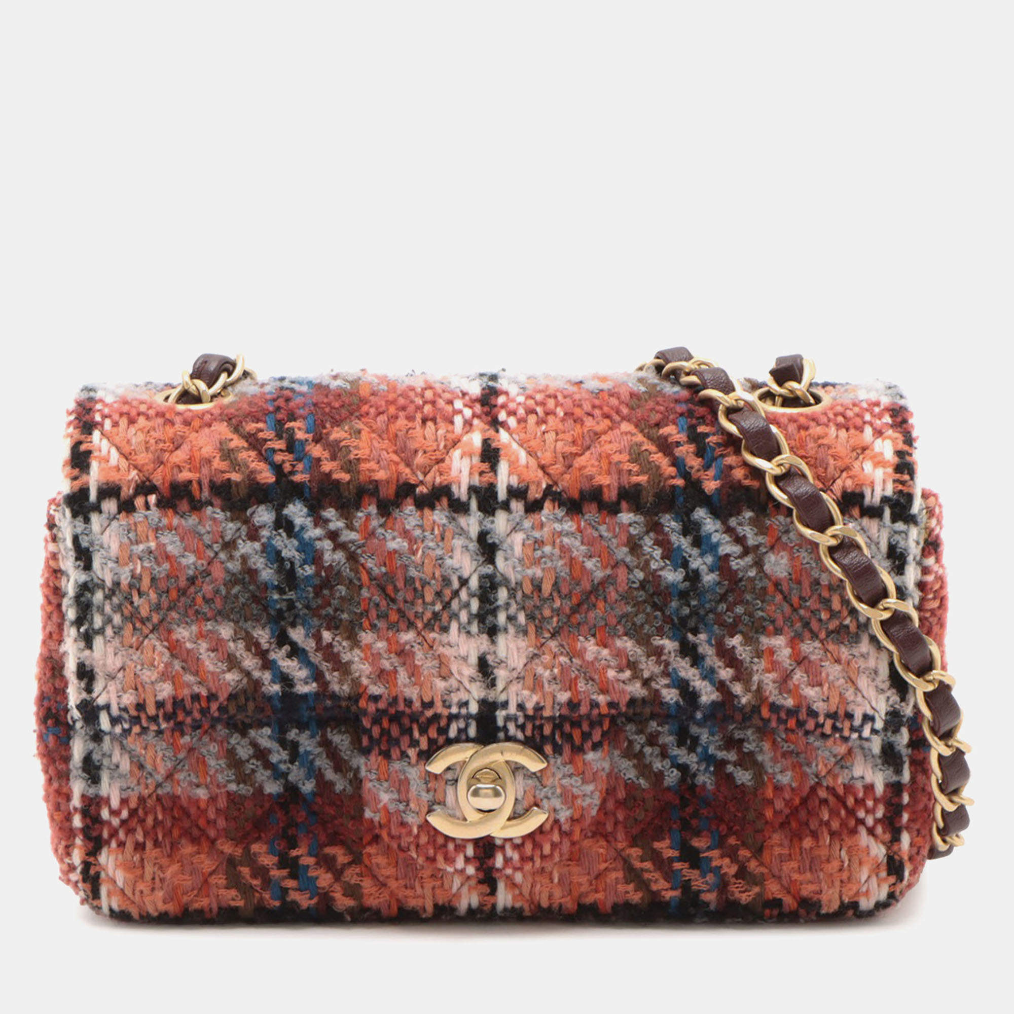 Pre Owned Chanel Orange Mini Rectangular Classic Tweed Single Flap