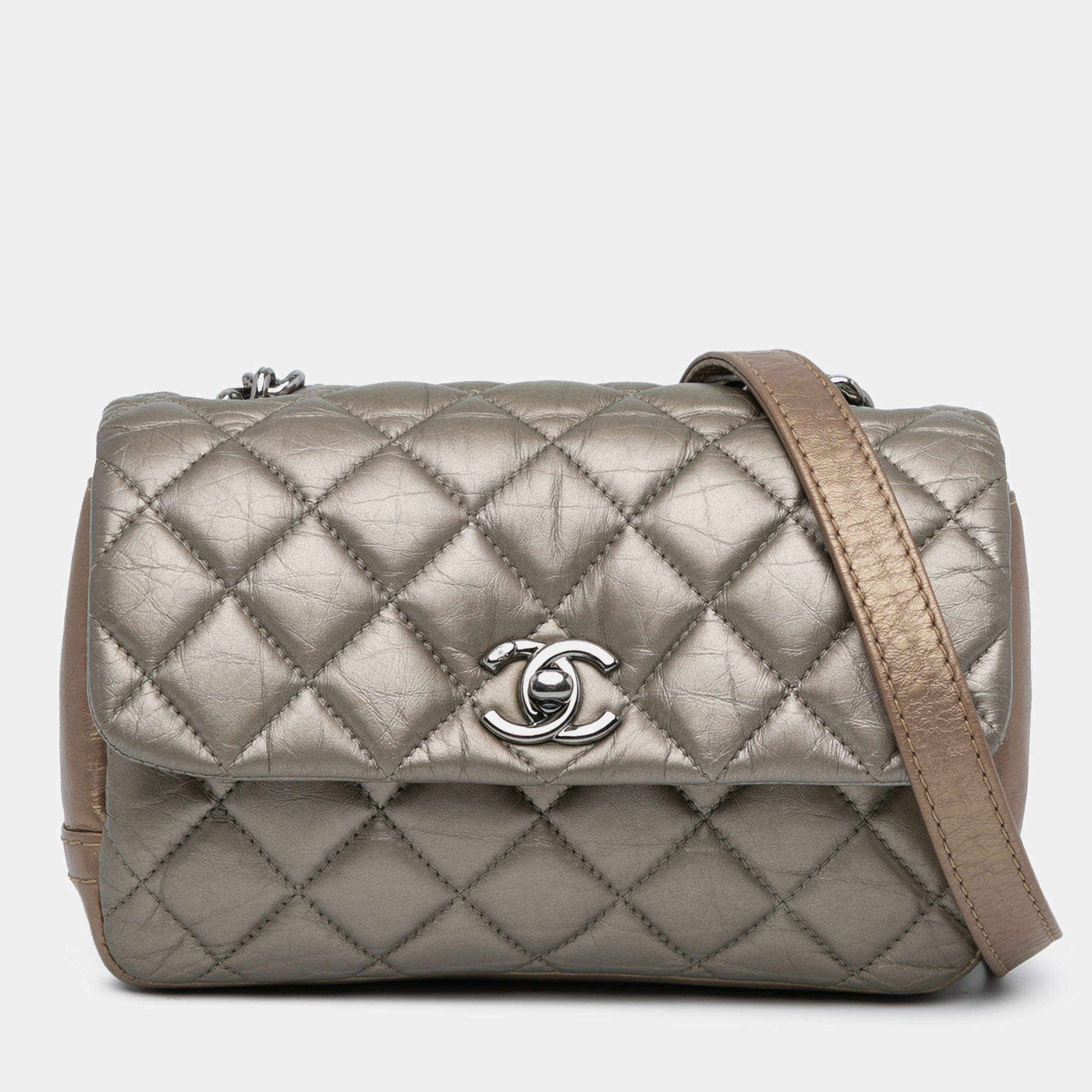 Pre Owned Chanel Brown Mini Quilted Metallic Calfskin Lady Pearly Flap
