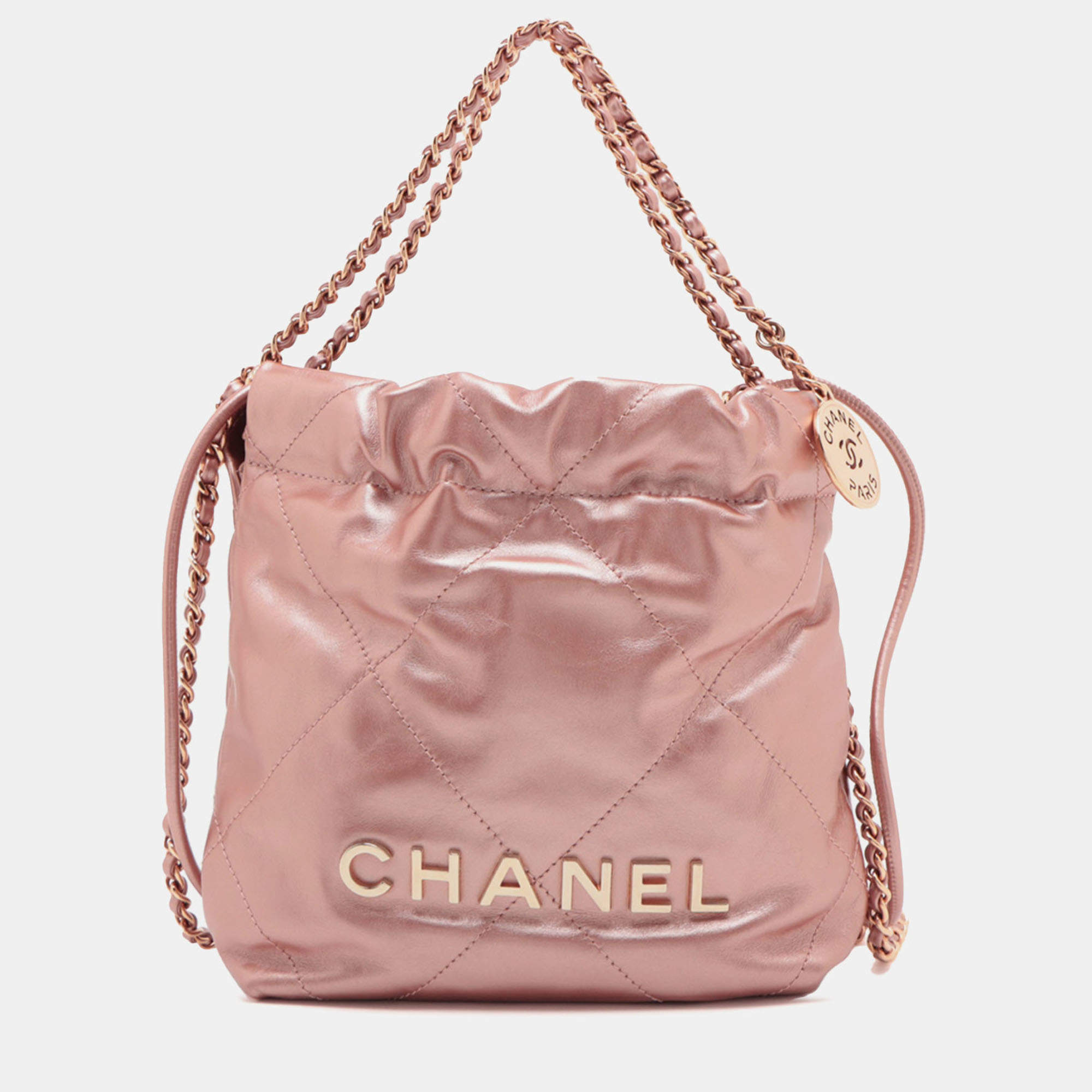 Pre Owned Chanel Pink Mini Quilted Metallic Calfskin 22 Handbag
