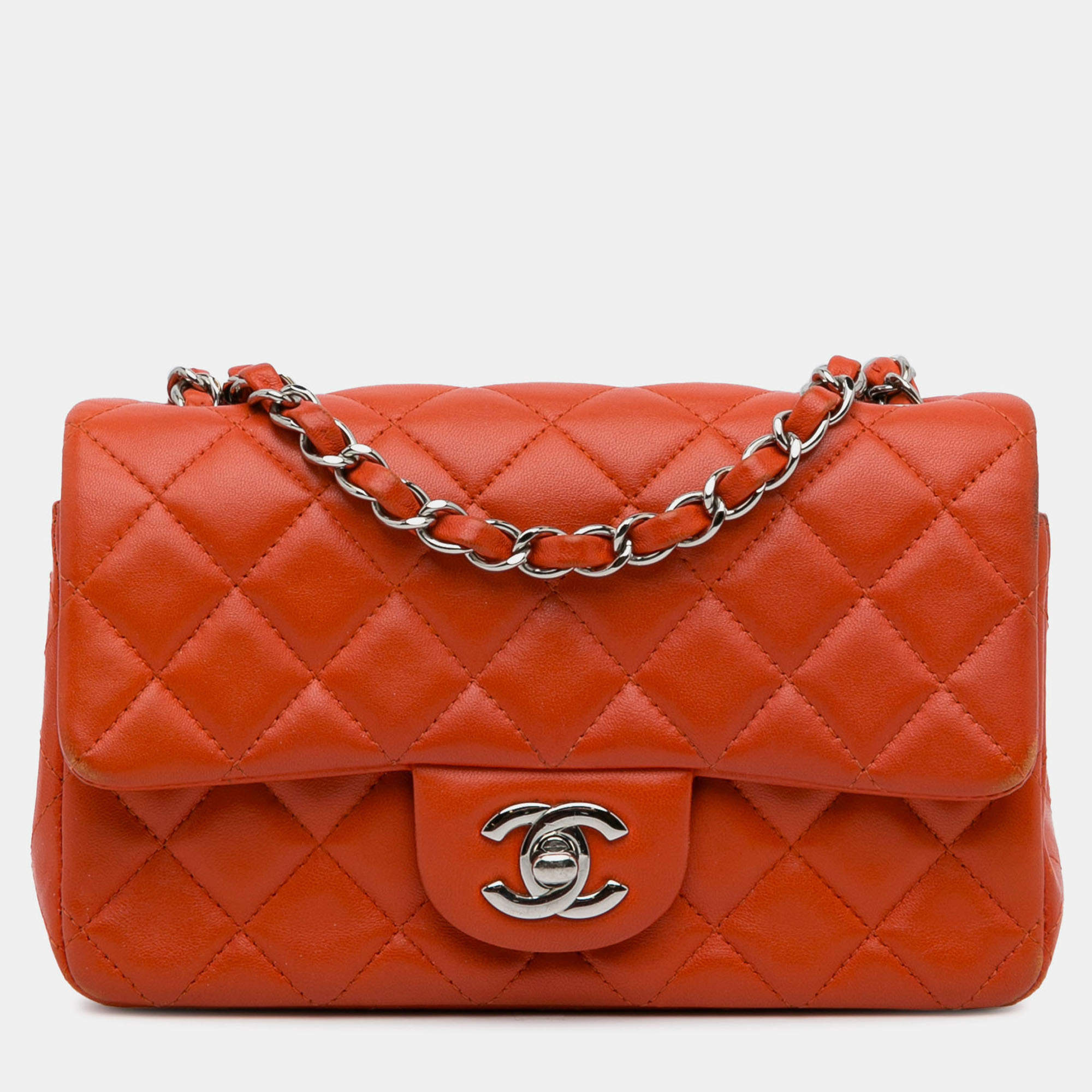 Pre Owned Chanel Orange Mini Rectangular Classic Lambskin Single Flap