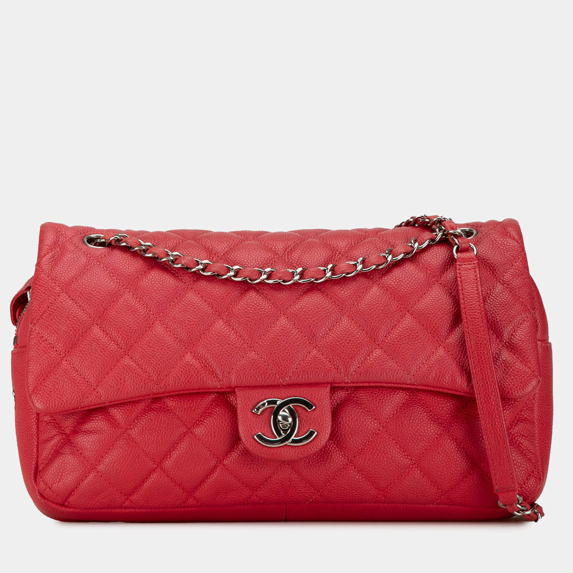 Pre Owned Chanel Red Jumbo Caviar Easy Flap Bag