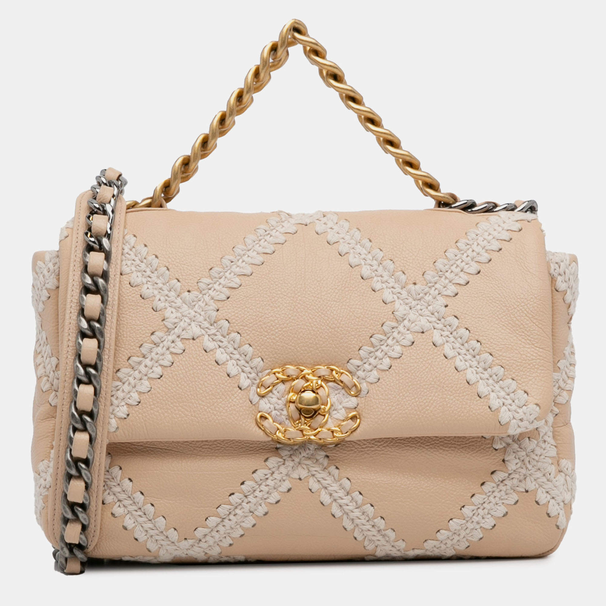 Pre Owned Chanel Beige/White Medium Crochet Calfskin 19 Flap