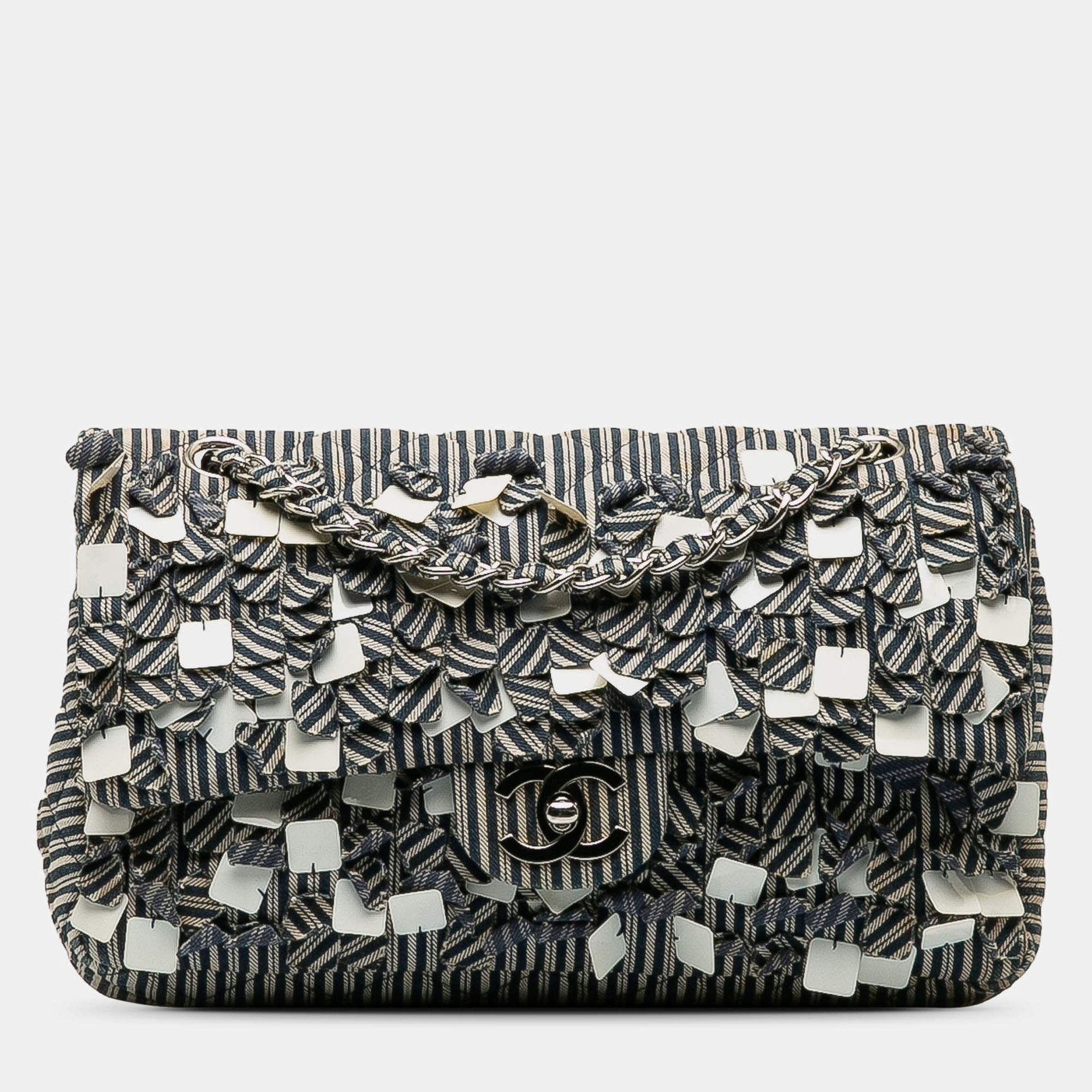 Pre Owned Chanel Beige/Navy Blue Medium Cotton Striped Double Flap