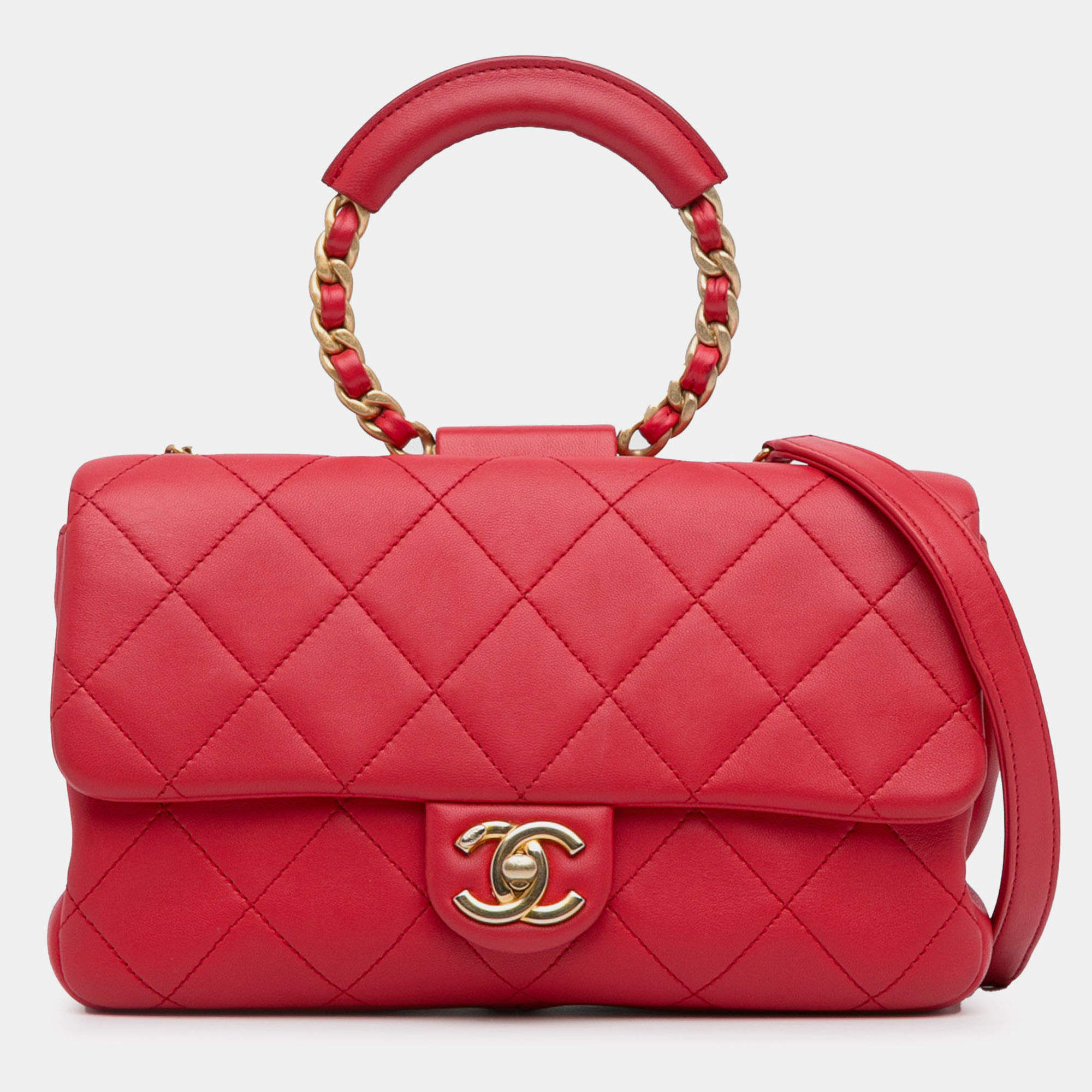 Pre Owned Chanel Red Medium Lambskin In The Loop Flap